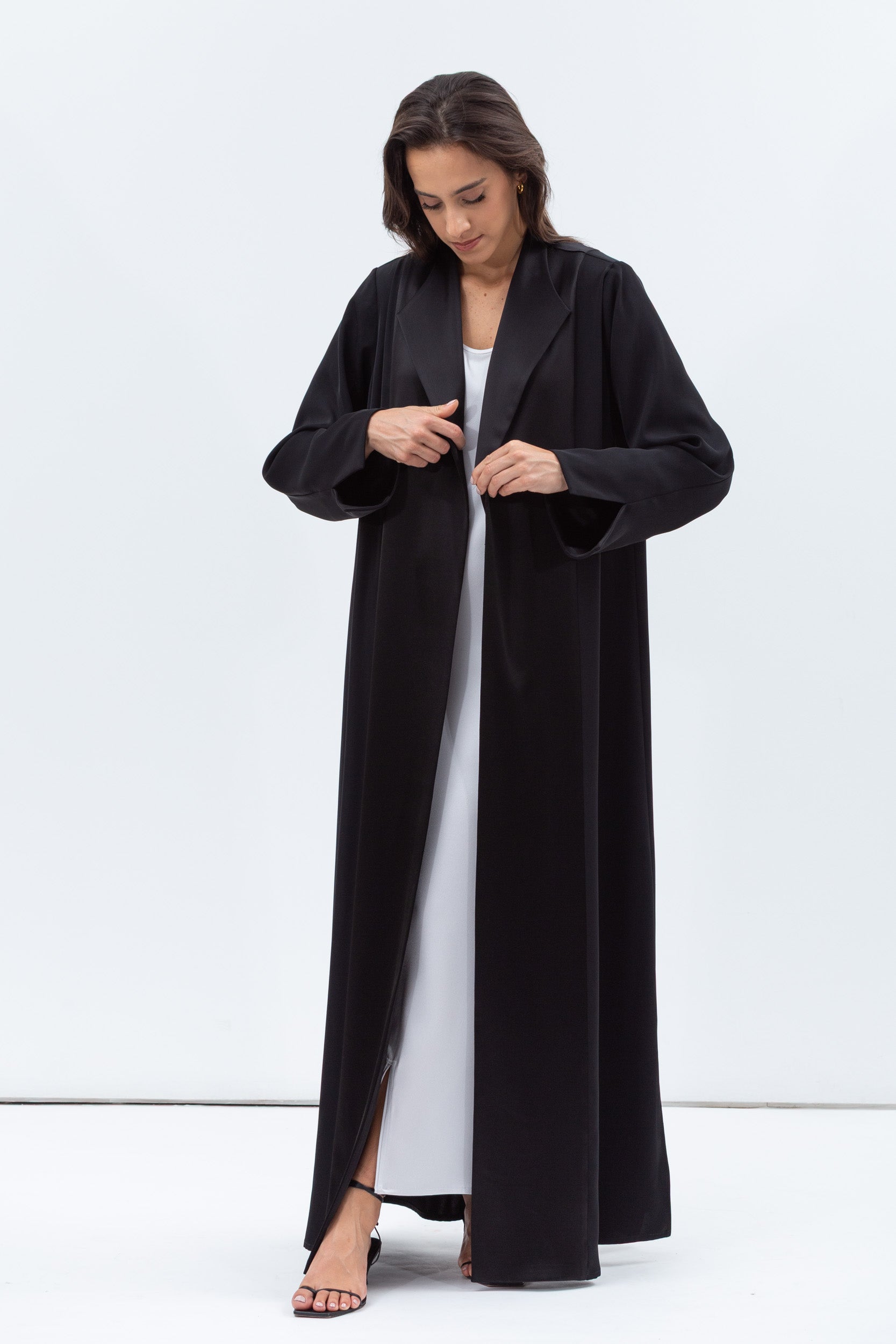 Straight Cut Abaya in Black with Satin Lapel