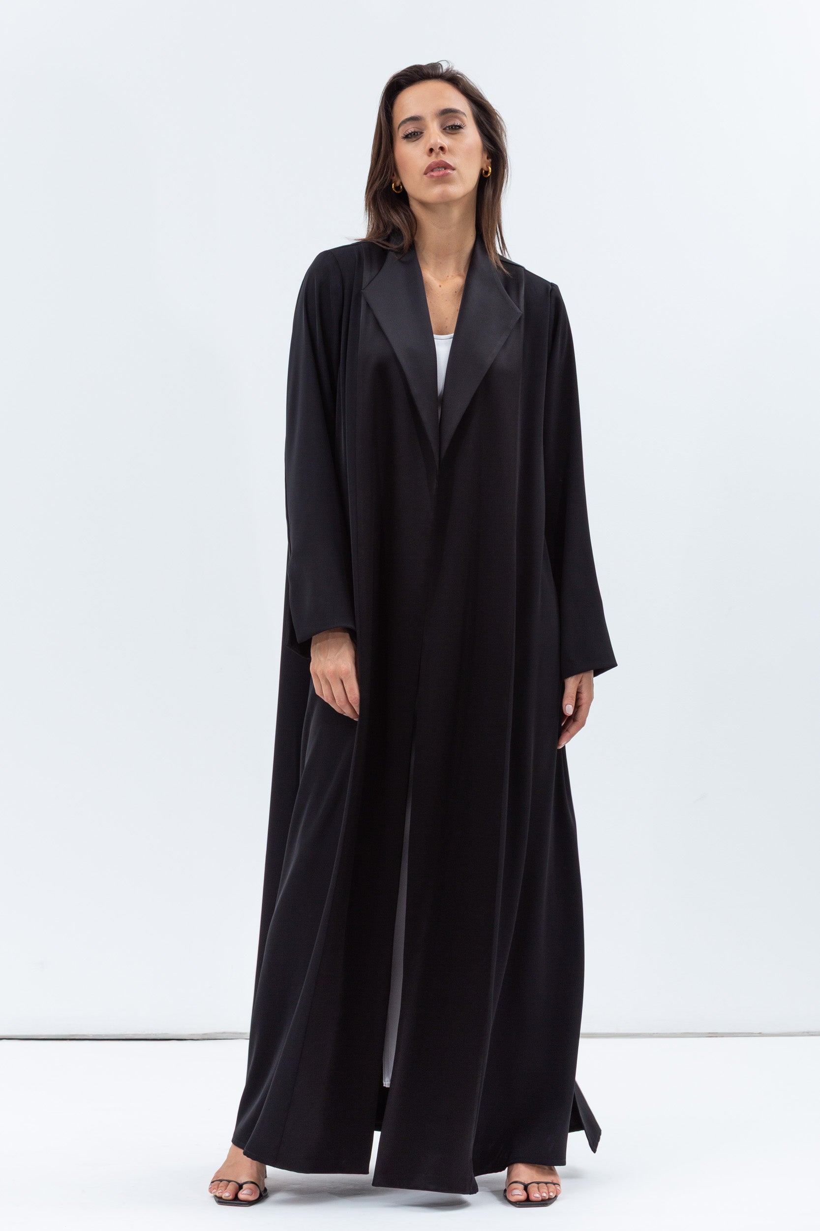 Straight Cut Abaya in Black with Satin Lapel