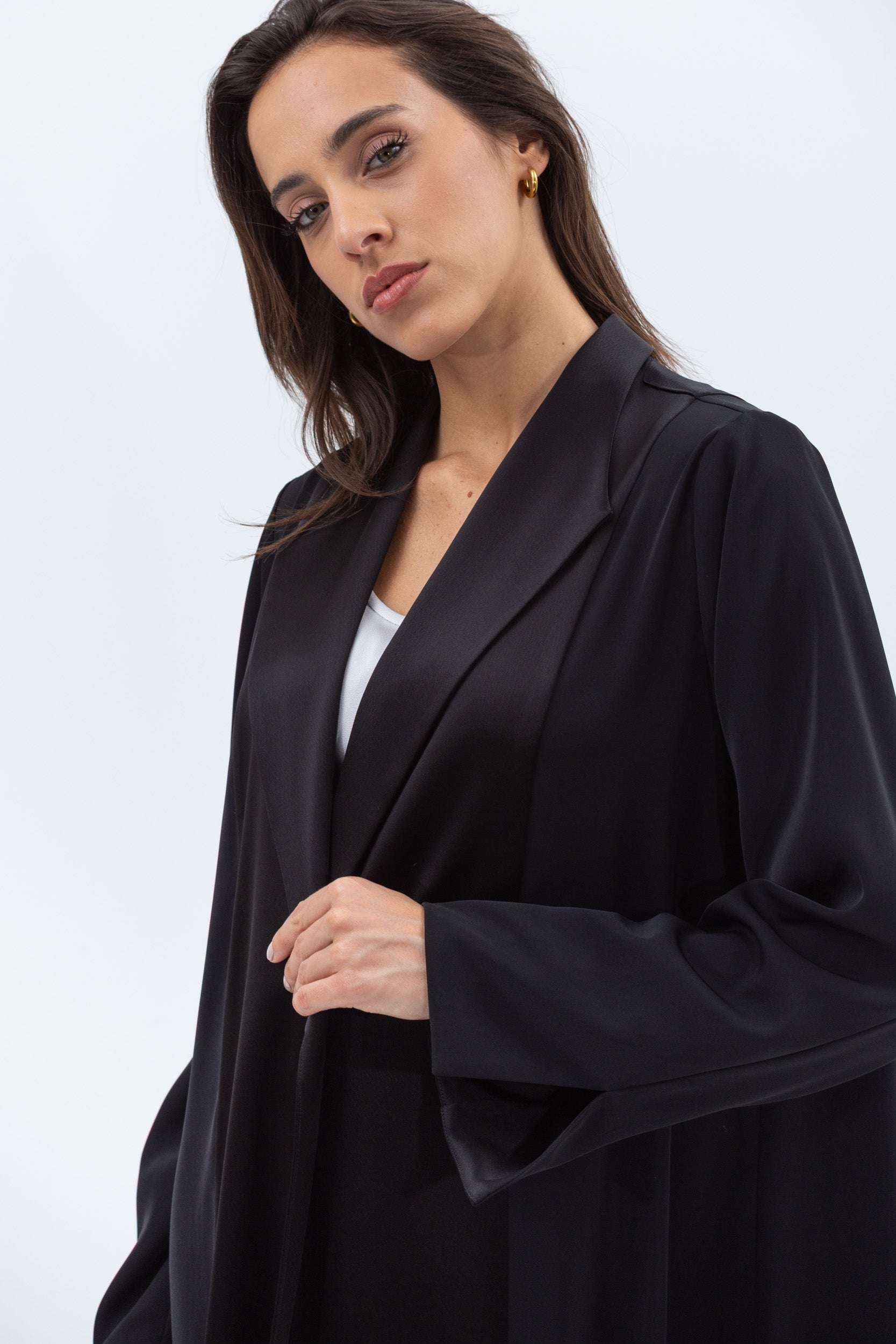 Straight Cut Abaya in Black with Satin Lapel