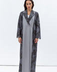 Coat-Style Abaya in Grey Green Linen with Palm Leaf Pattern
