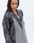 Coat-Style Abaya in Grey Green Linen with Palm Leaf Pattern
