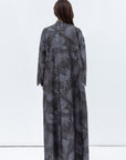 Coat-Style Abaya in Grey Green Linen with Palm Leaf Pattern
