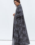 Coat-Style Abaya in Grey Green Linen with Palm Leaf Pattern
