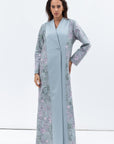 Overlap Sculpted Abaya in Blue Grey Floral Print