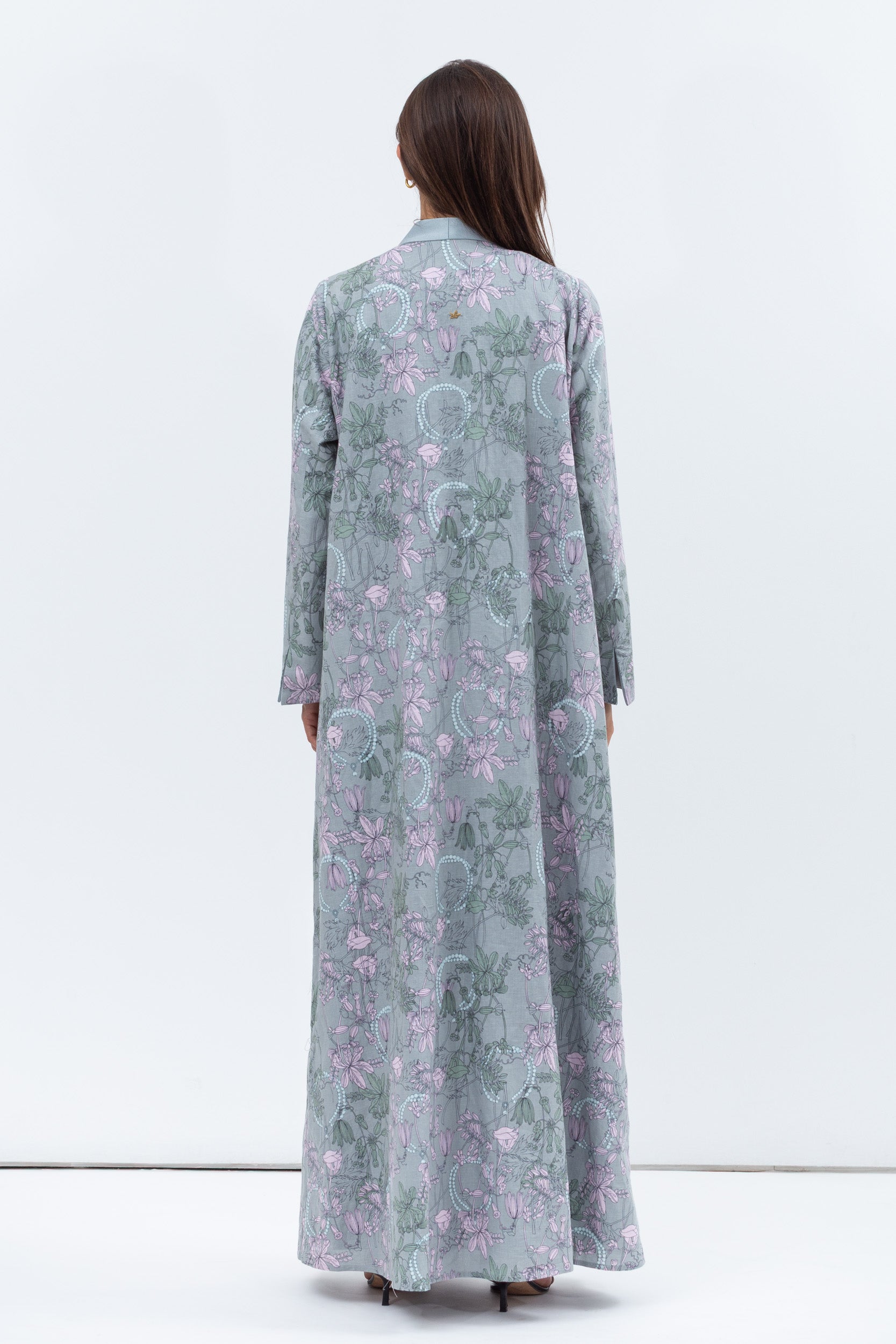 Overlap Sculpted Abaya in Blue Grey Floral Print