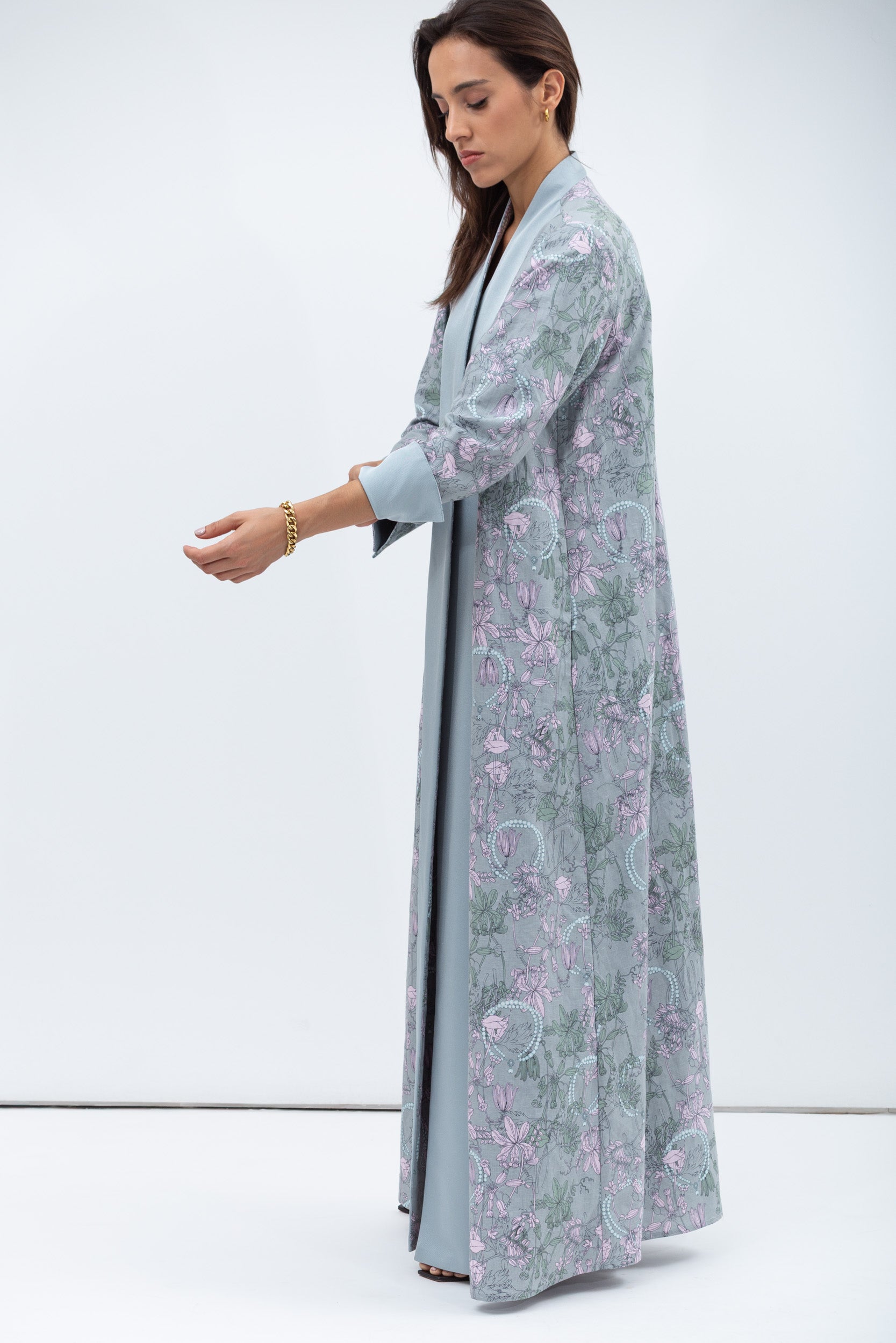 Overlap Sculpted Abaya in Blue Grey Floral Print