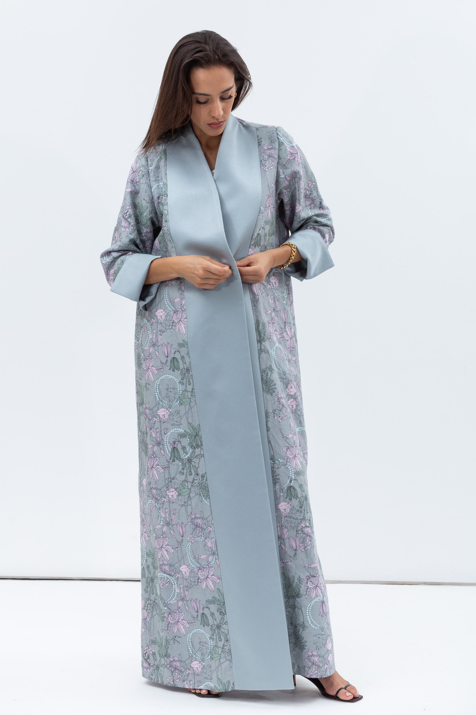 Overlap Sculpted Abaya in Blue Grey Floral Print