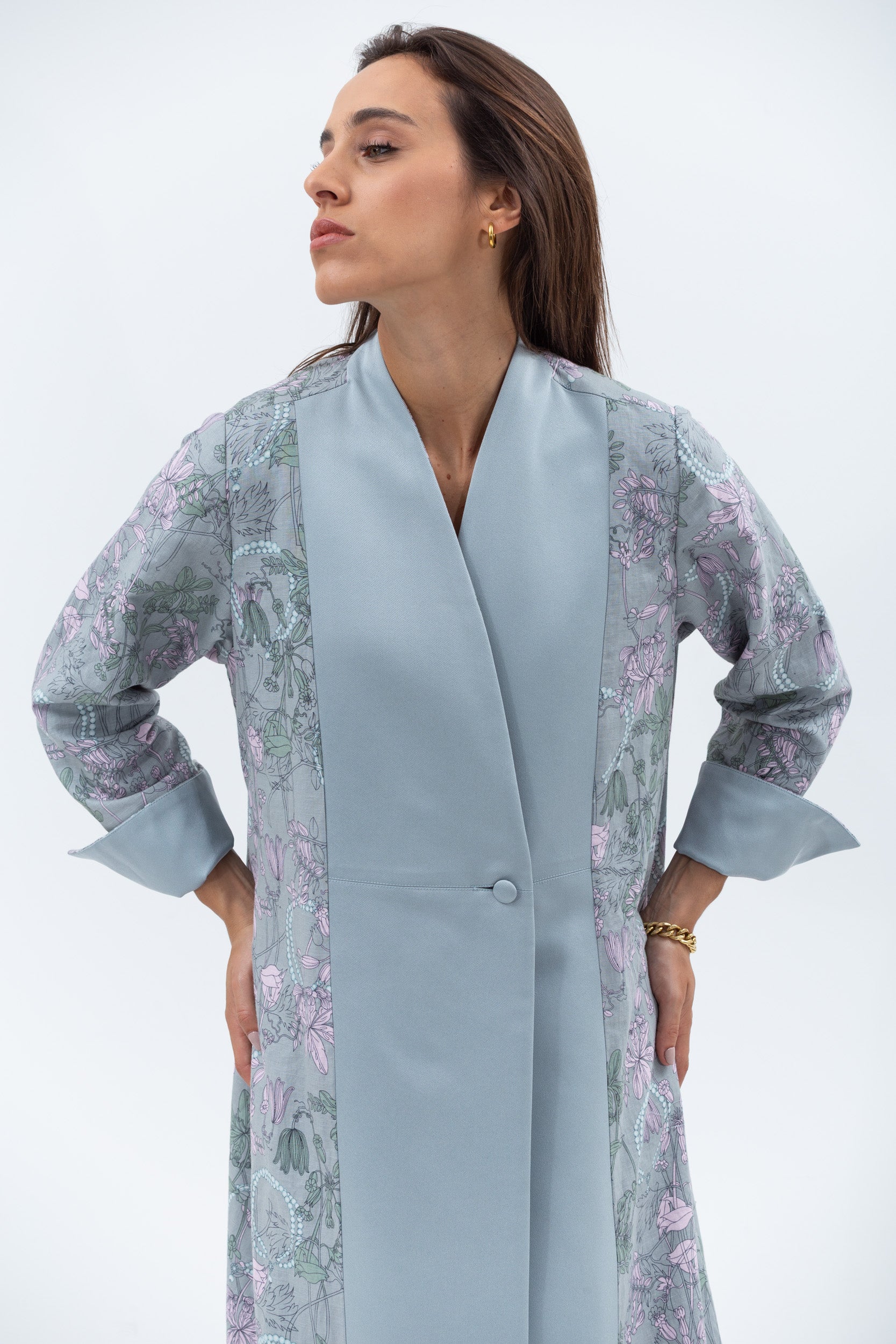 Overlap Sculpted Abaya in Blue Grey Floral Print
