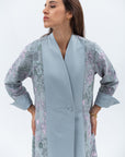 Overlap Sculpted Abaya in Blue Grey Floral Print