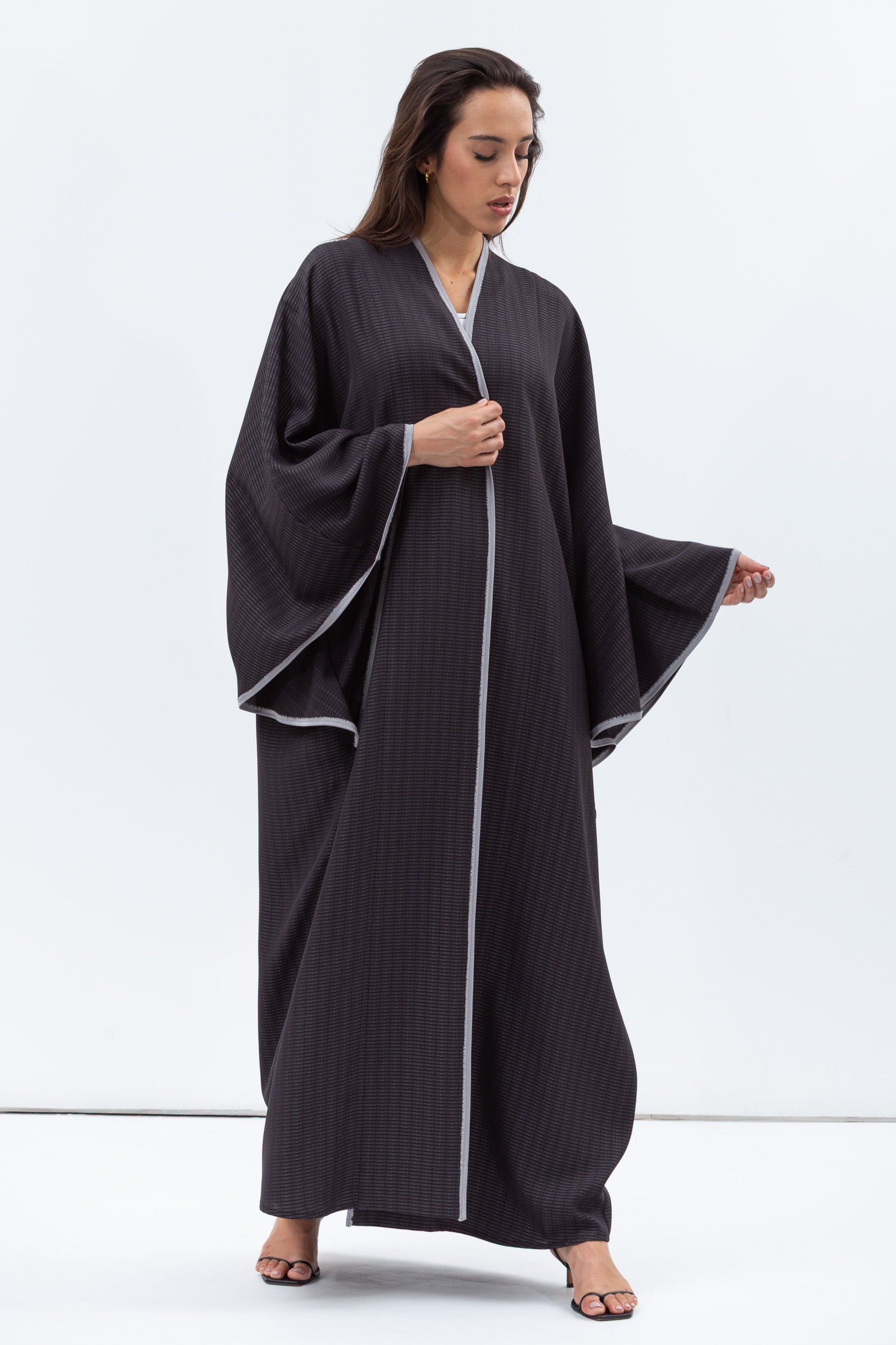 Flow Abaya in Grey Black with Grey Piping