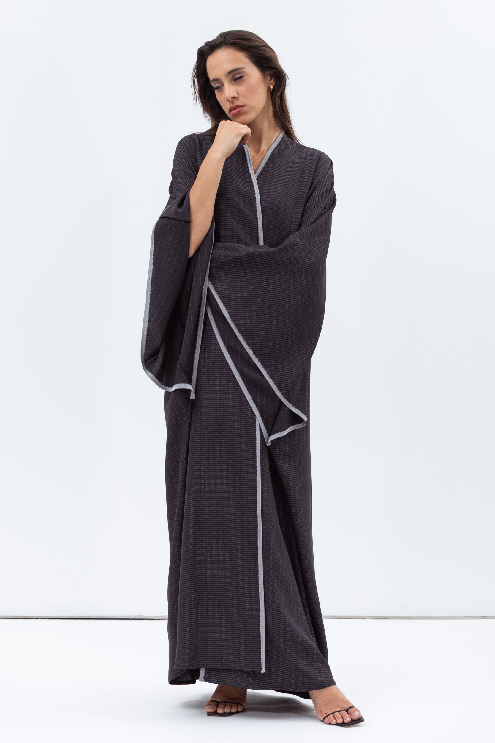 Flow Abaya in Grey Black with Grey Piping
