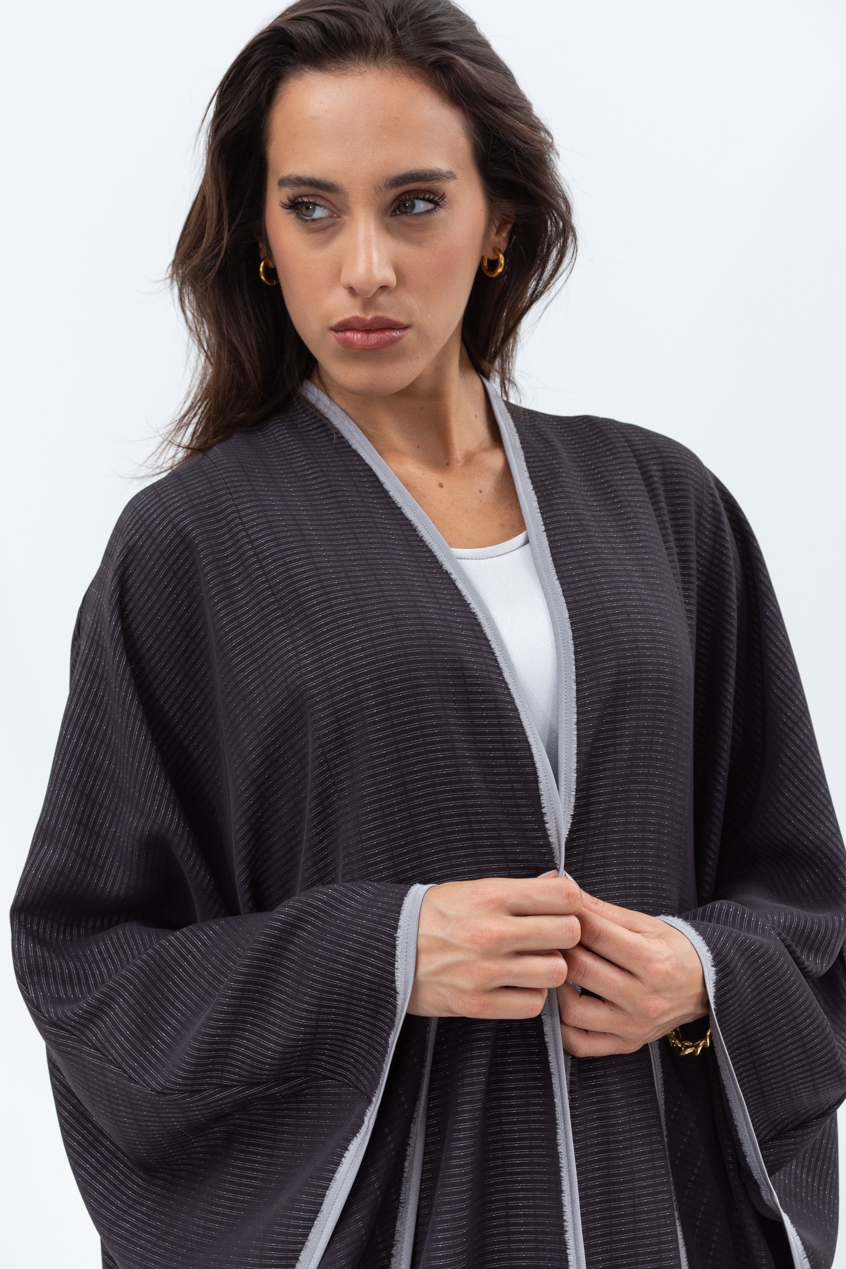Flow Abaya in Grey Black with Grey Piping