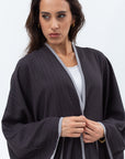Flow Abaya in Grey Black with Grey Piping