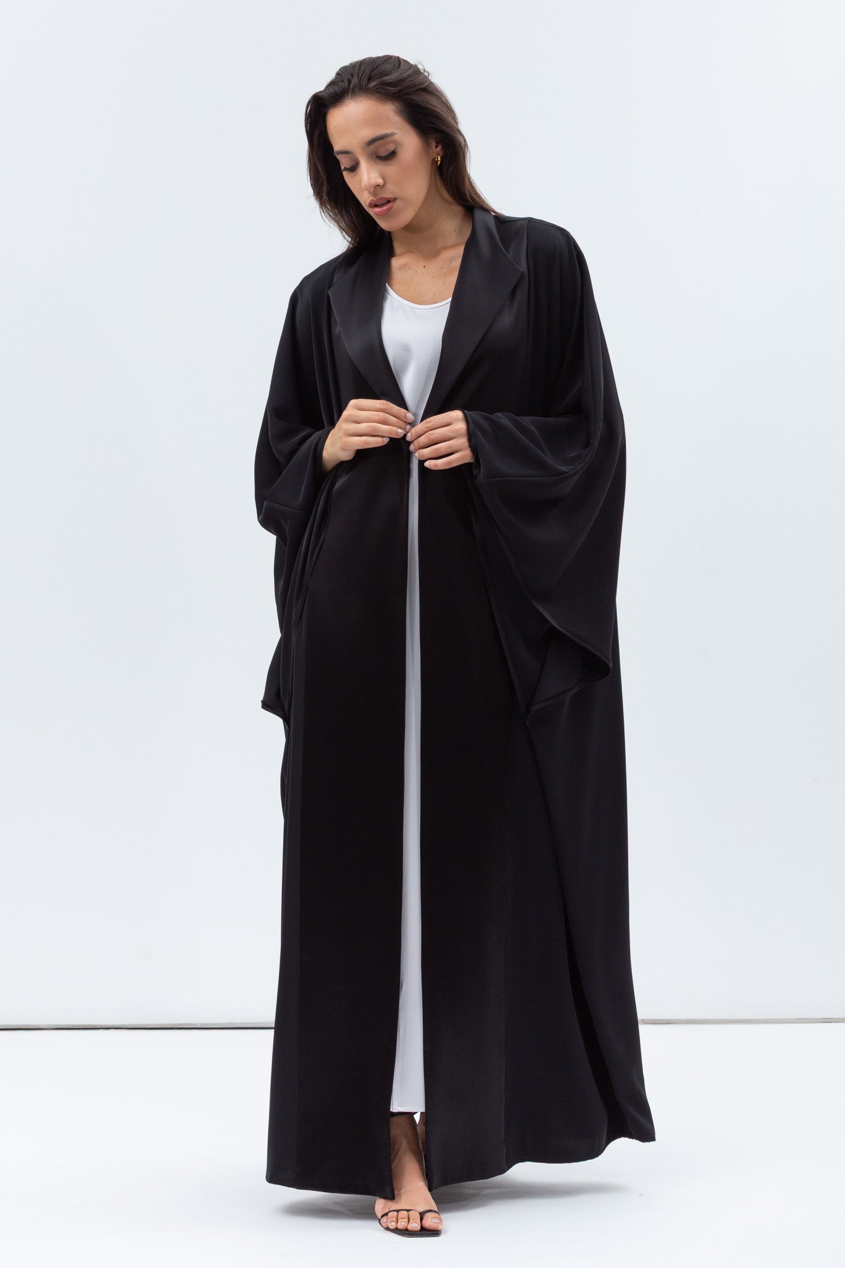 Flow Abaya with Satin Lapel in Black RTW