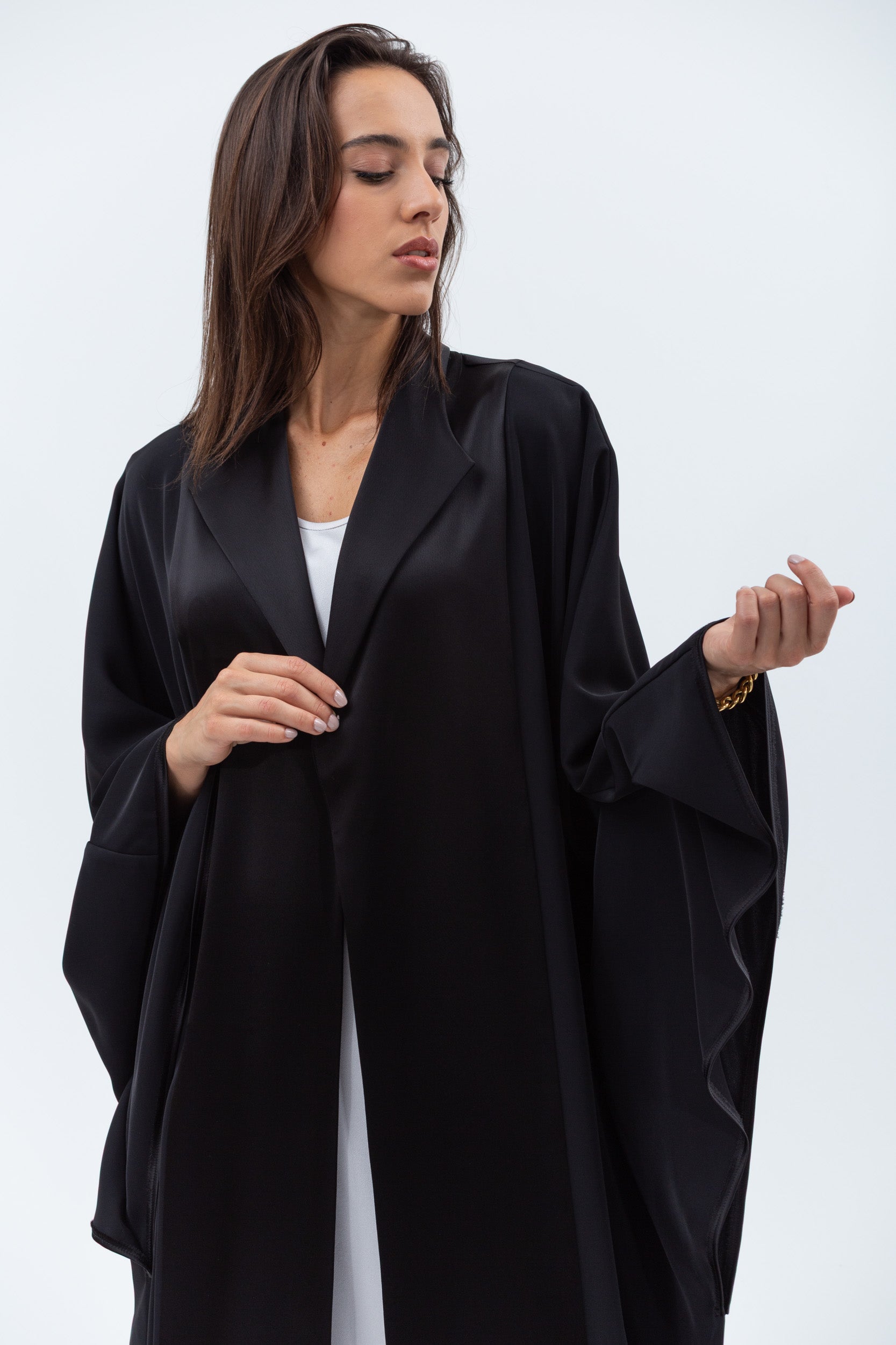 Flow Abaya with Satin Lapel in Black RTW