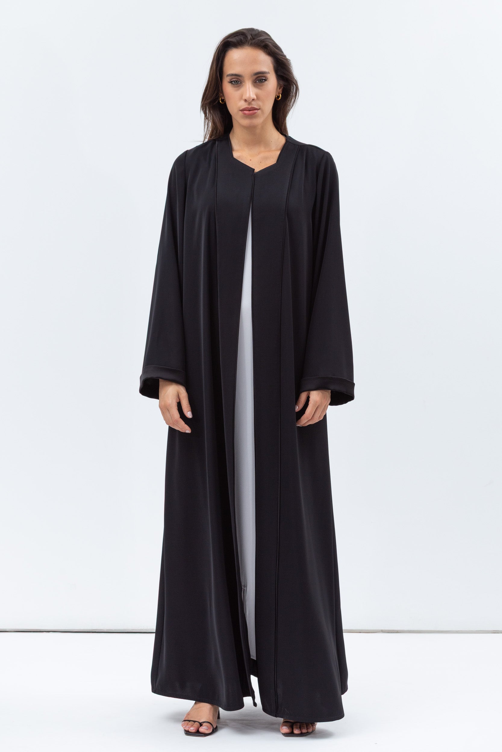 Straight Cut Abaya in Black Shimmer with Black Satin Detailing