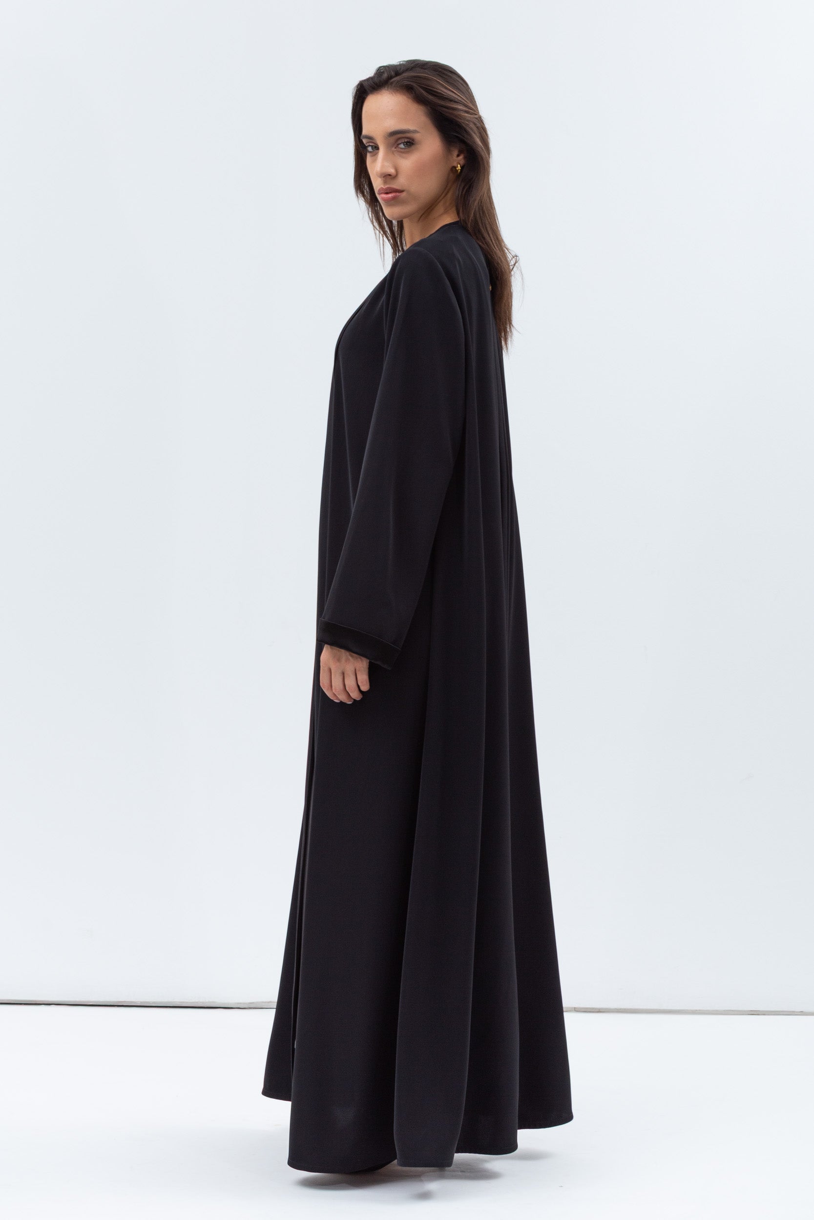 Straight Cut Abaya in Black Shimmer with Black Satin Detailing