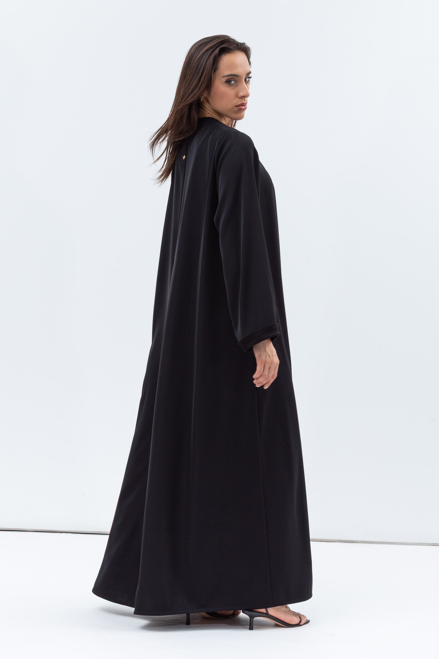 Straight Cut Abaya in Black Shimmer with Black Satin Detailing
