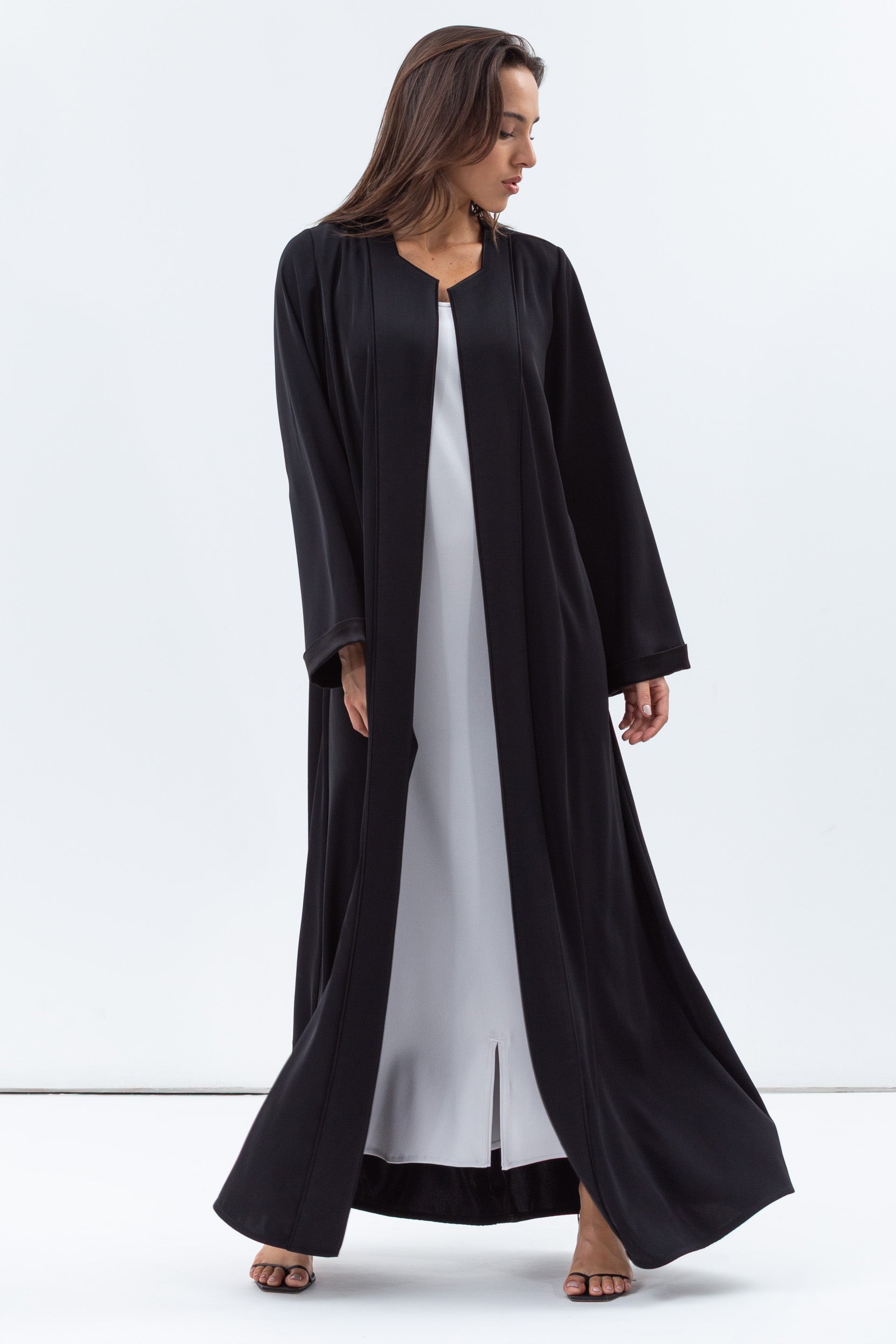 Straight Cut Abaya in Black Shimmer with Black Satin Detailing