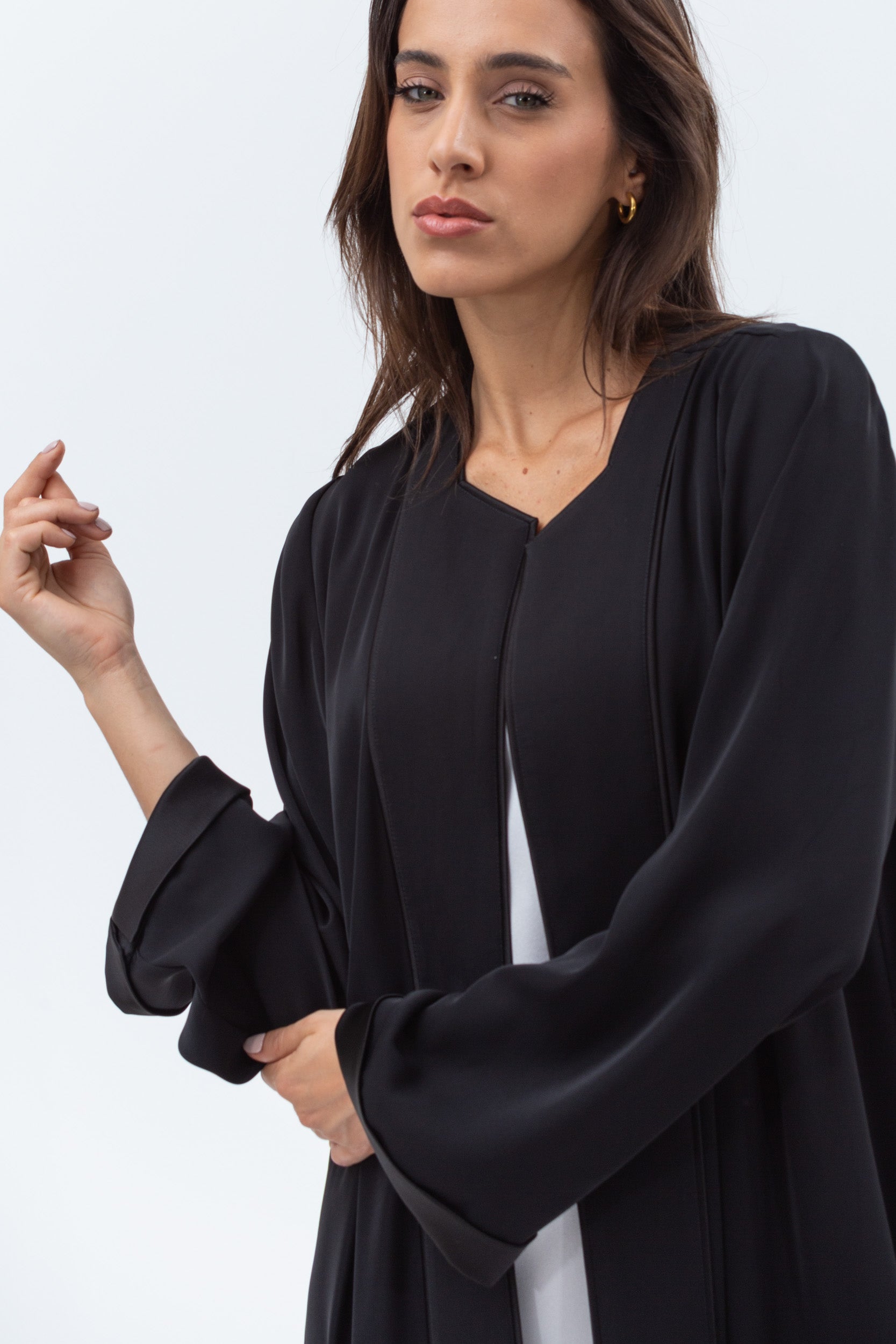 Straight Cut Abaya in Black Shimmer with Black Satin Detailing