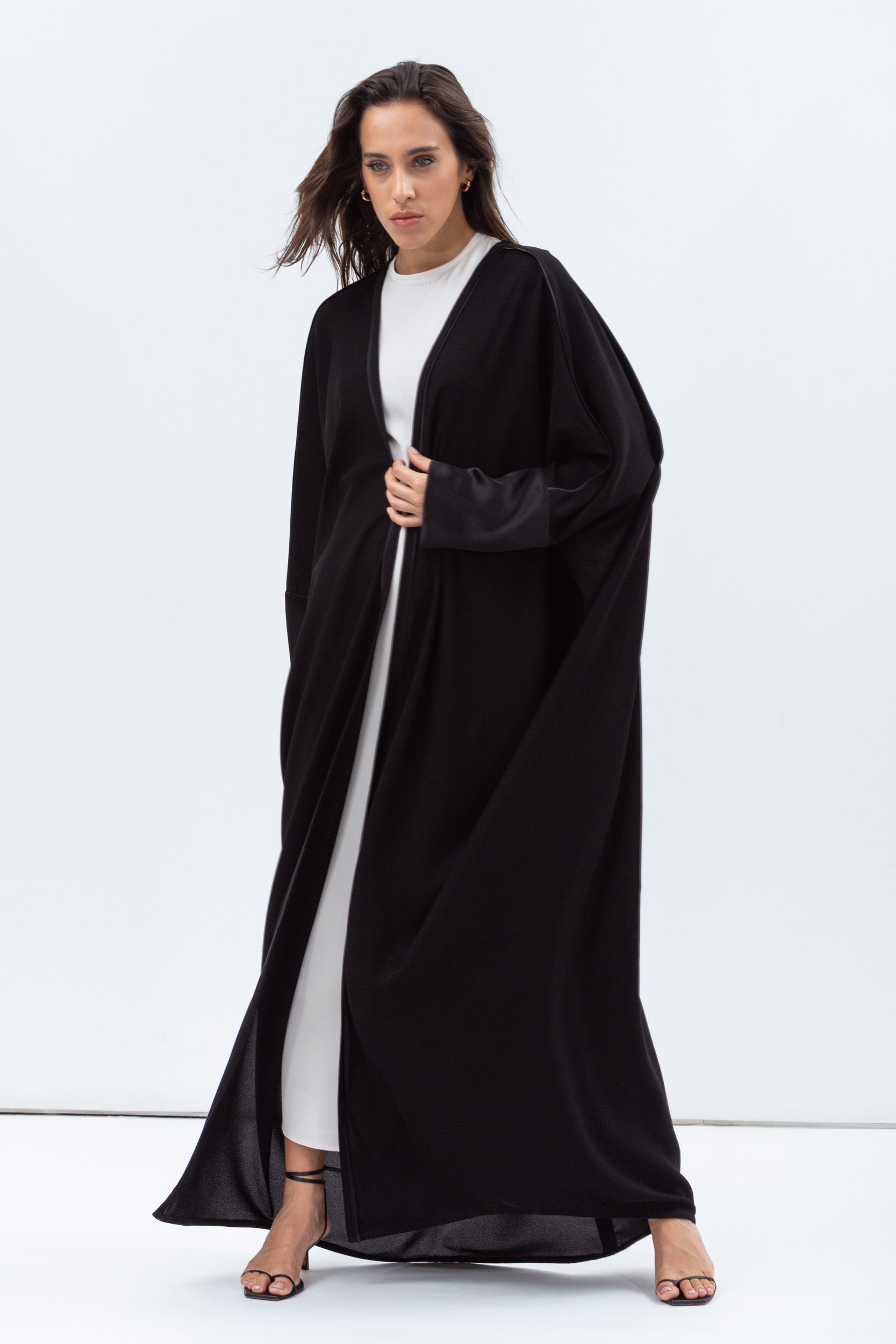 Butterfly Abaya in Black Shimmer with Black Satin Detailing