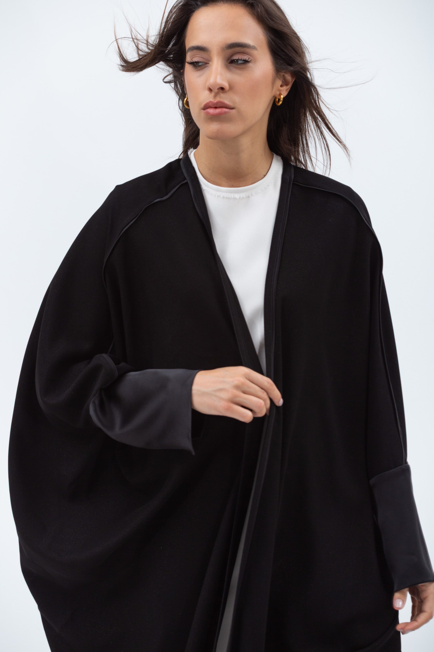 Butterfly Abaya in Black Shimmer with Black Satin Detailing