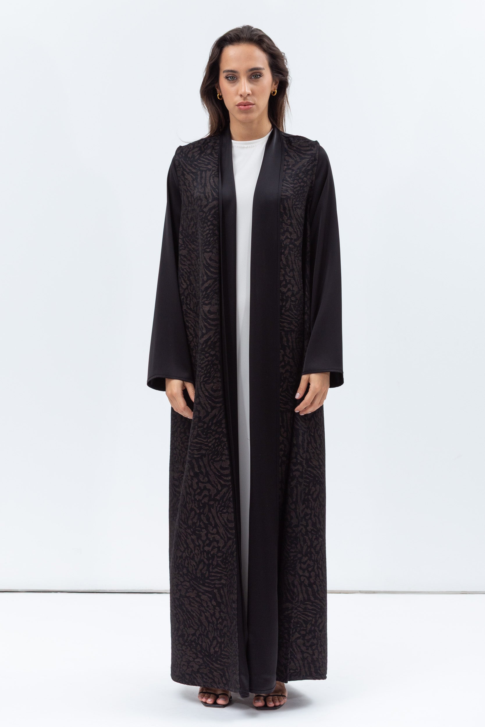 Straight Cut Abaya in Black and Copper with Satin Collar and Sleeve RTW