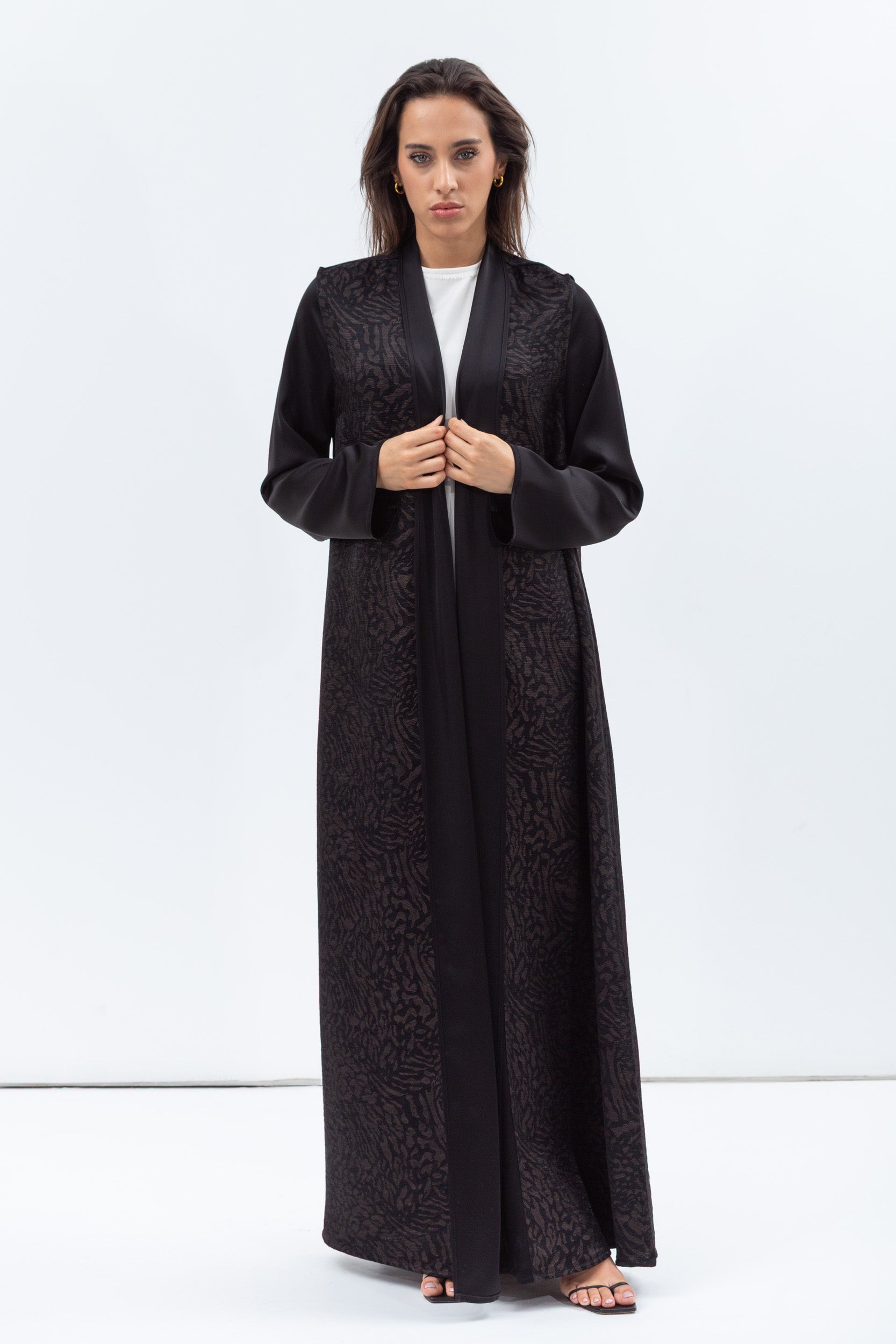 Straight Cut Abaya in Black and Copper with Satin Collar and Sleeve RTW