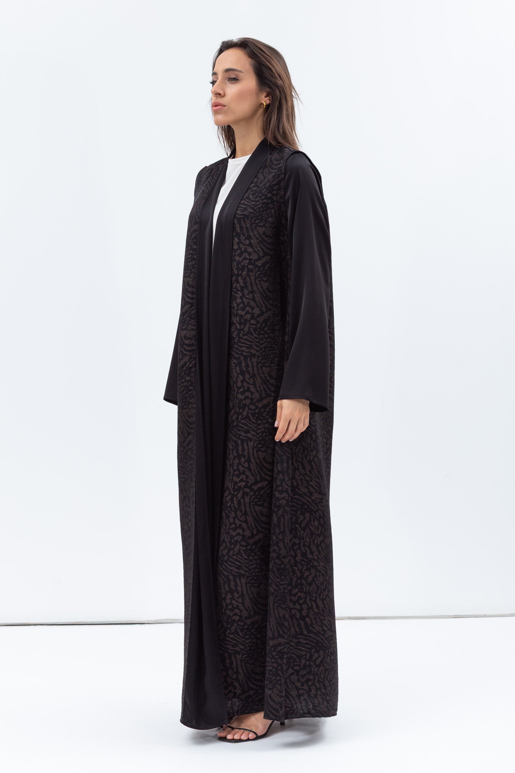 Straight Cut Abaya in Black and Copper with Satin Collar and Sleeve RTW