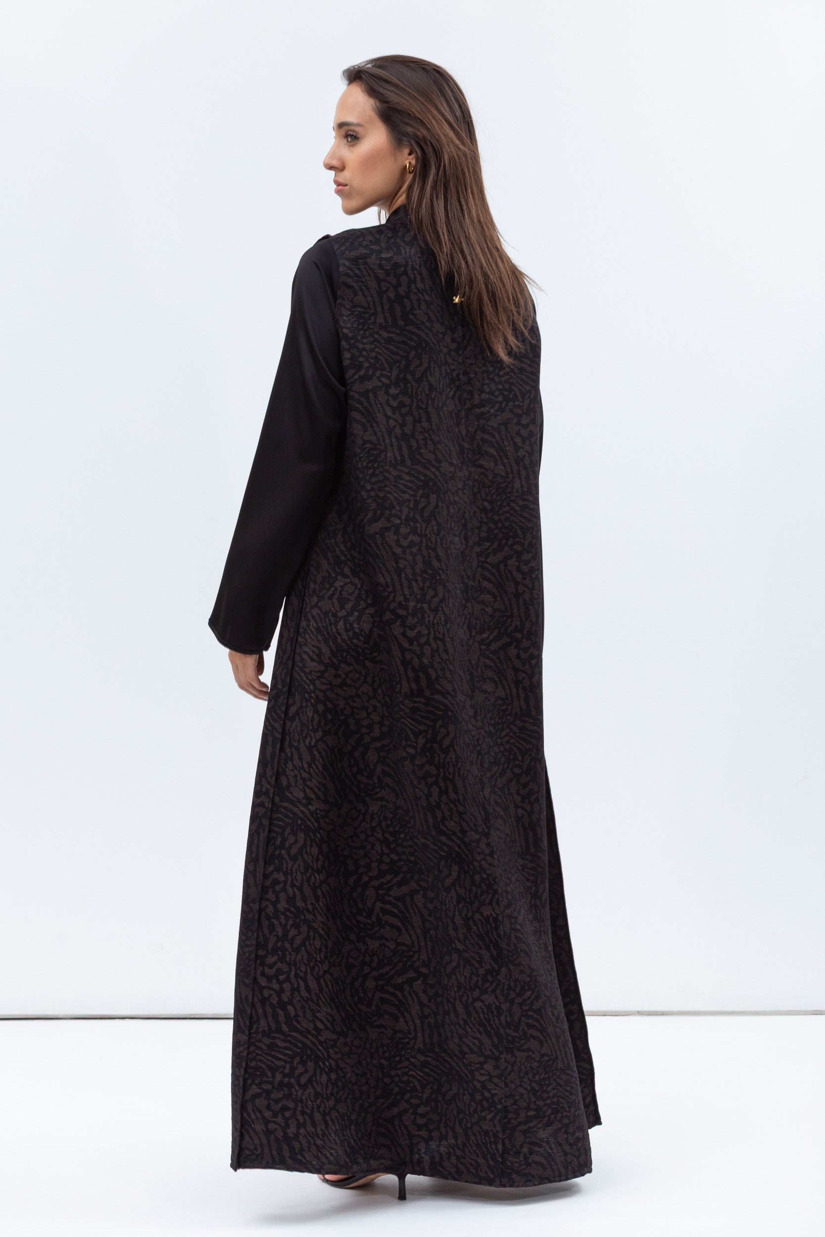 Straight Cut Abaya in Black and Copper with Satin Collar and Sleeve RTW