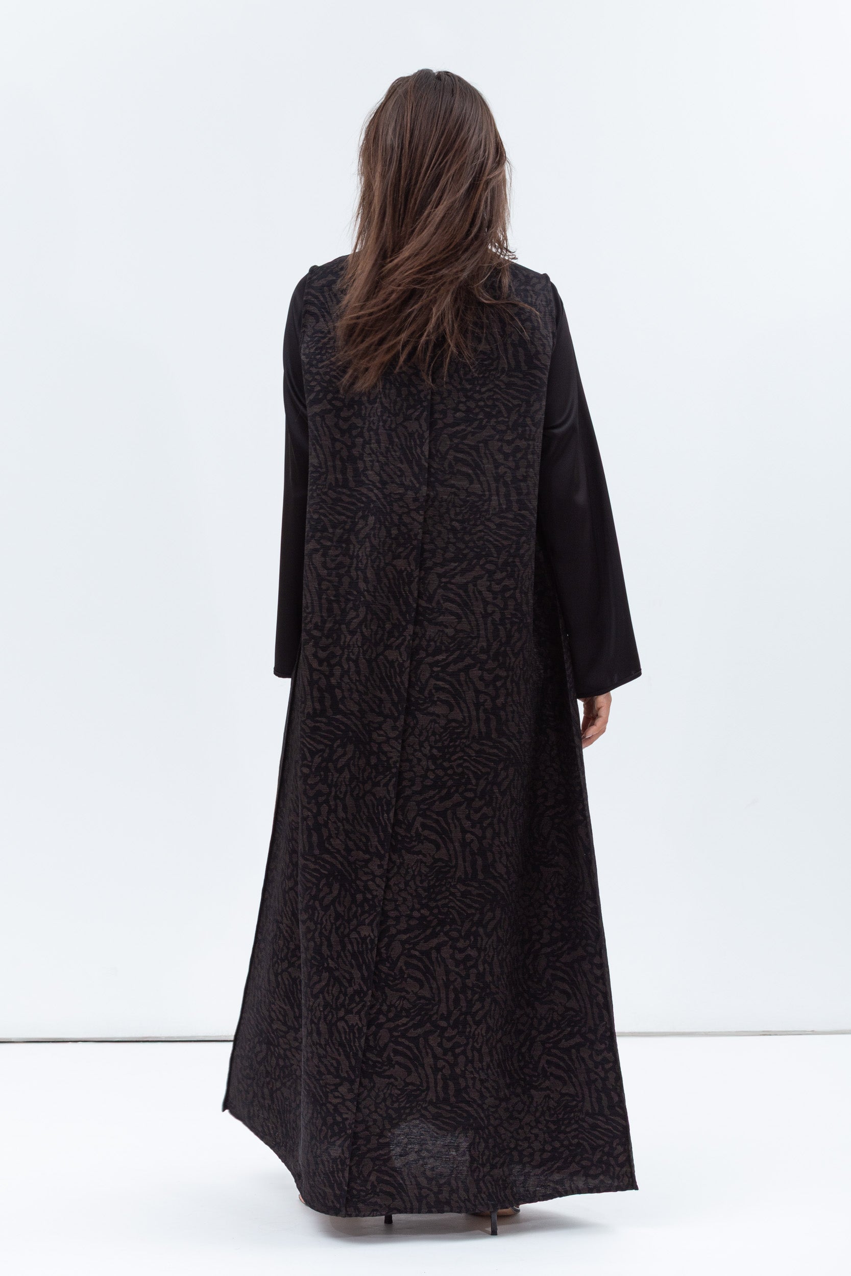 Straight Cut Abaya in Black and Copper with Satin Collar and Sleeve RTW