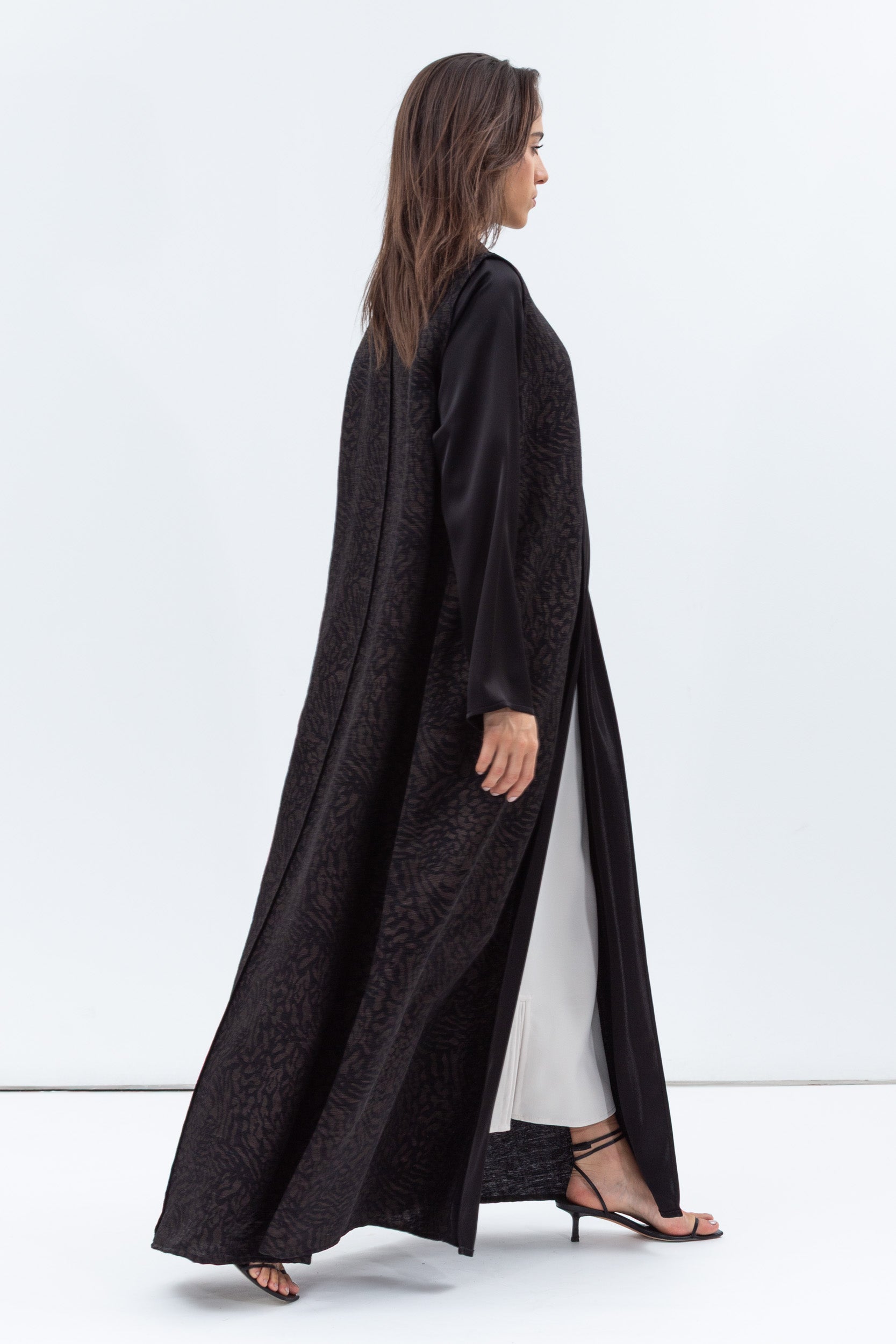 Straight Cut Abaya in Black and Copper with Satin Collar and Sleeve RTW
