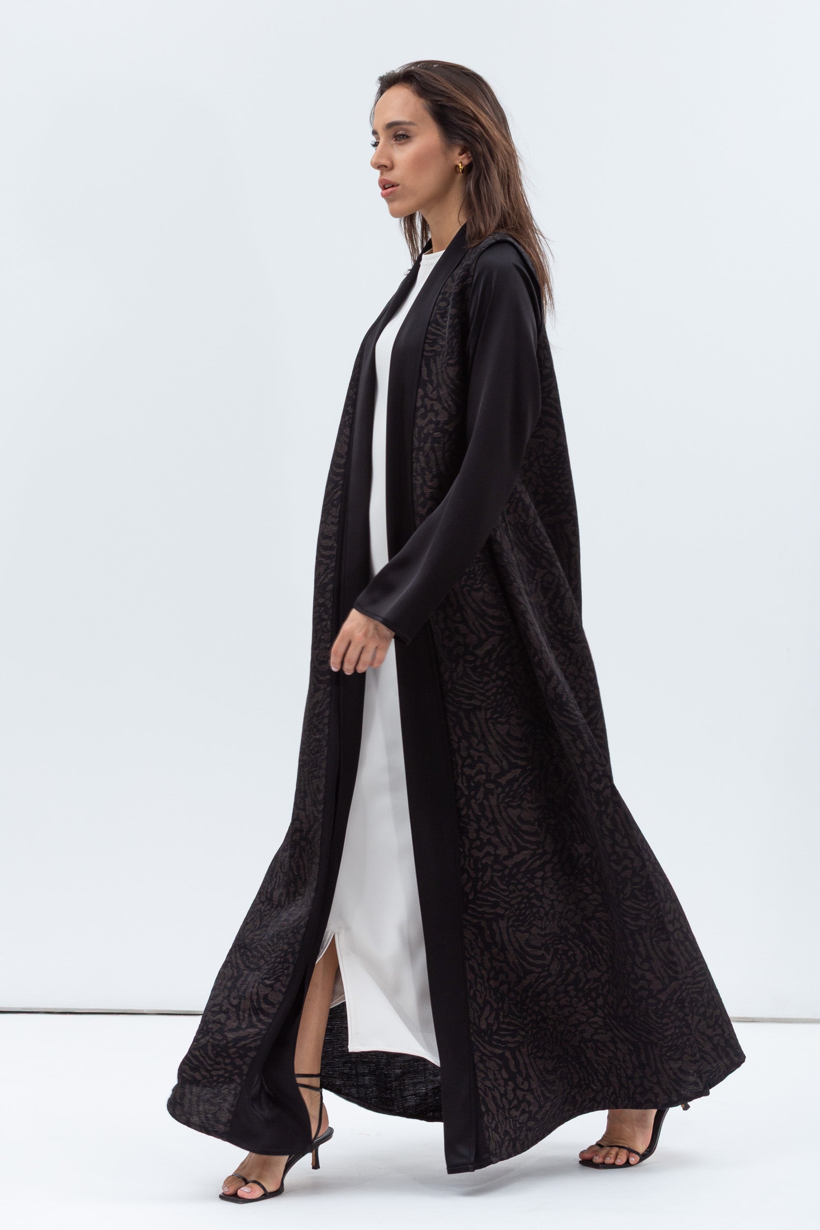 Straight Cut Abaya in Black and Copper with Satin Collar and Sleeve RTW