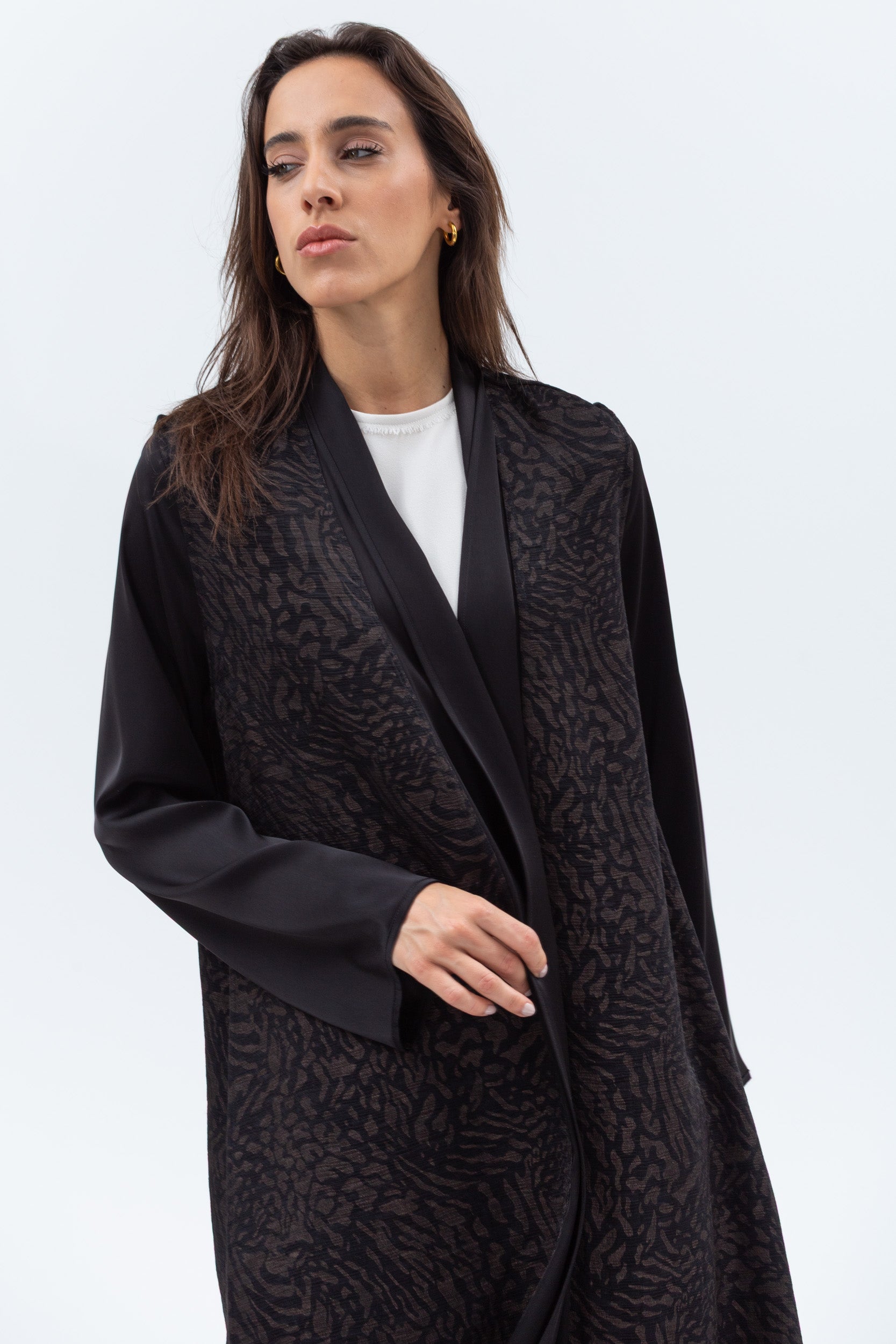 Straight Cut Abaya in Black and Copper with Satin Collar and Sleeve RTW