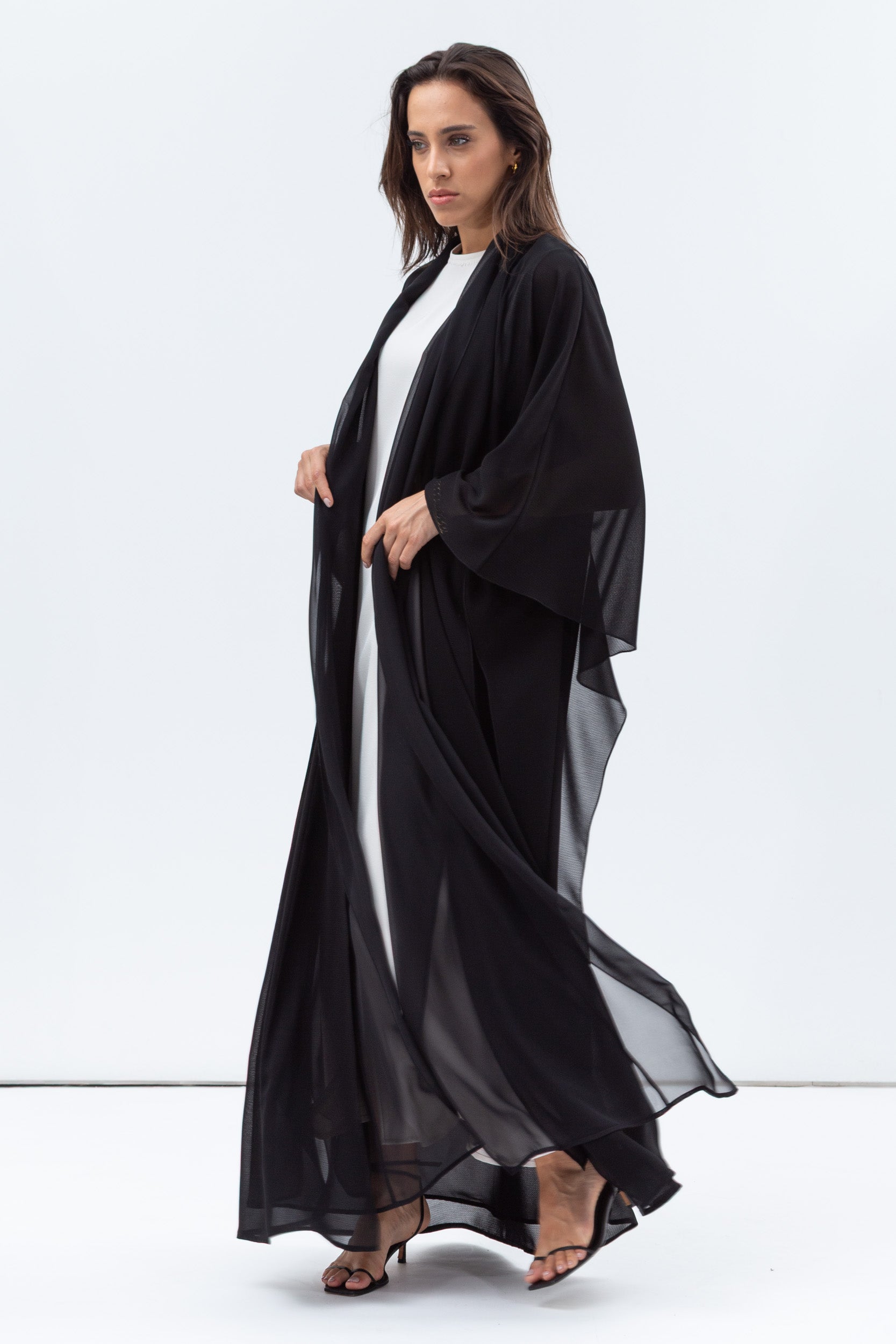 Two Layer Flow Abaya in Checkered Black