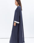Front Closing Abaya in Blue Grey with High V Neck