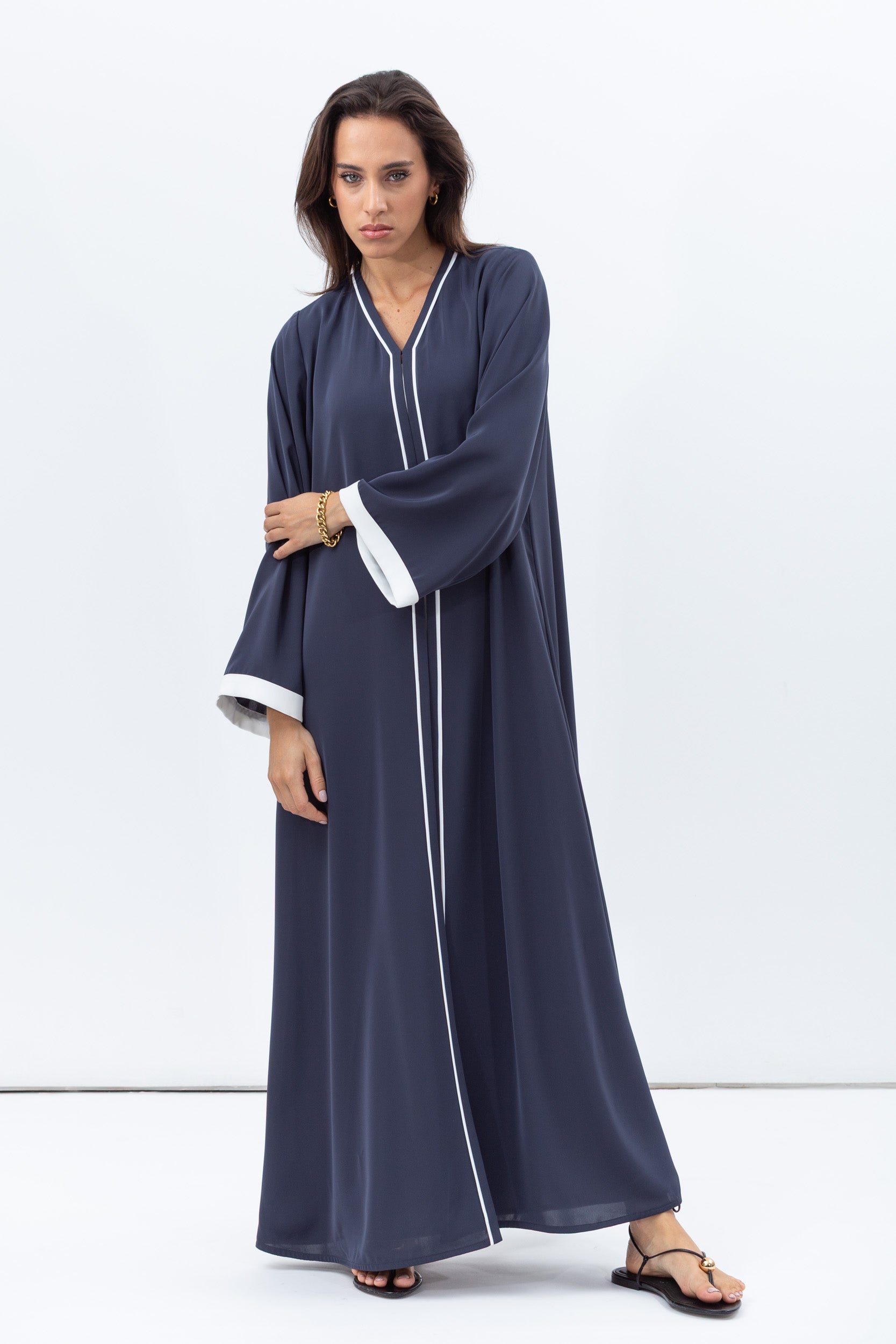 Front Closing Abaya in Blue Grey with High V Neck