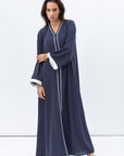 Front Closing Abaya in Blue Grey with High V Neck