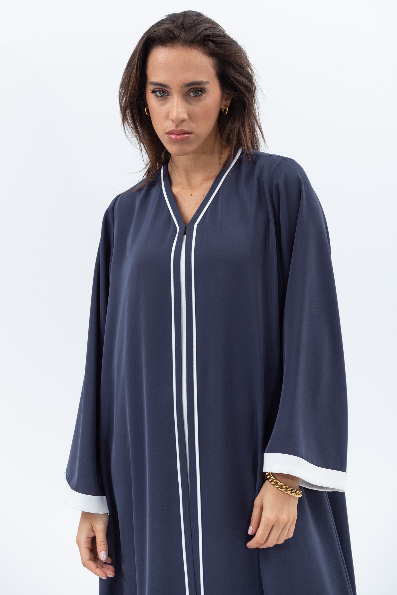 Front Closing Abaya in Blue Grey with High V Neck