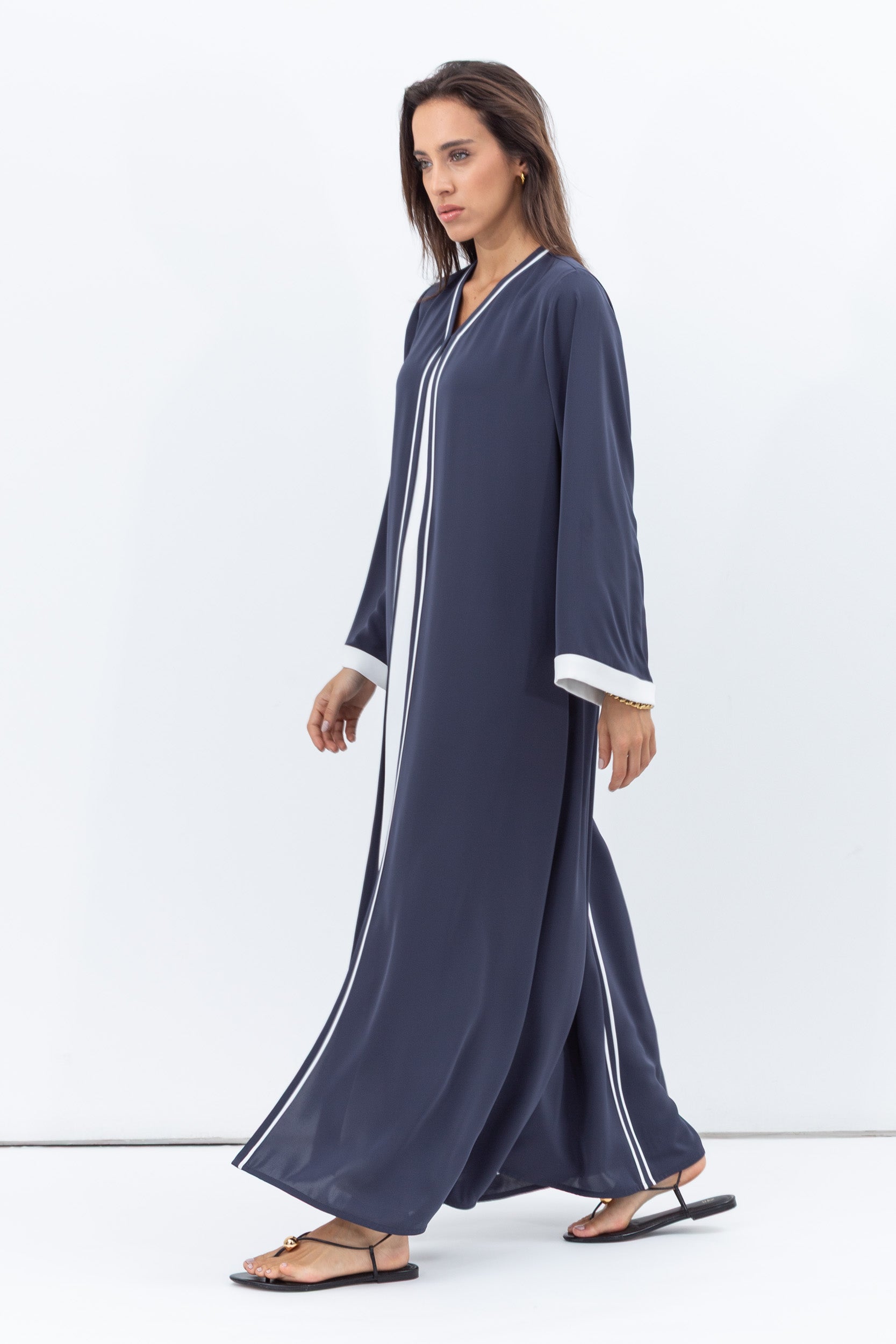 Front Closing Abaya in Blue Grey with High V Neck