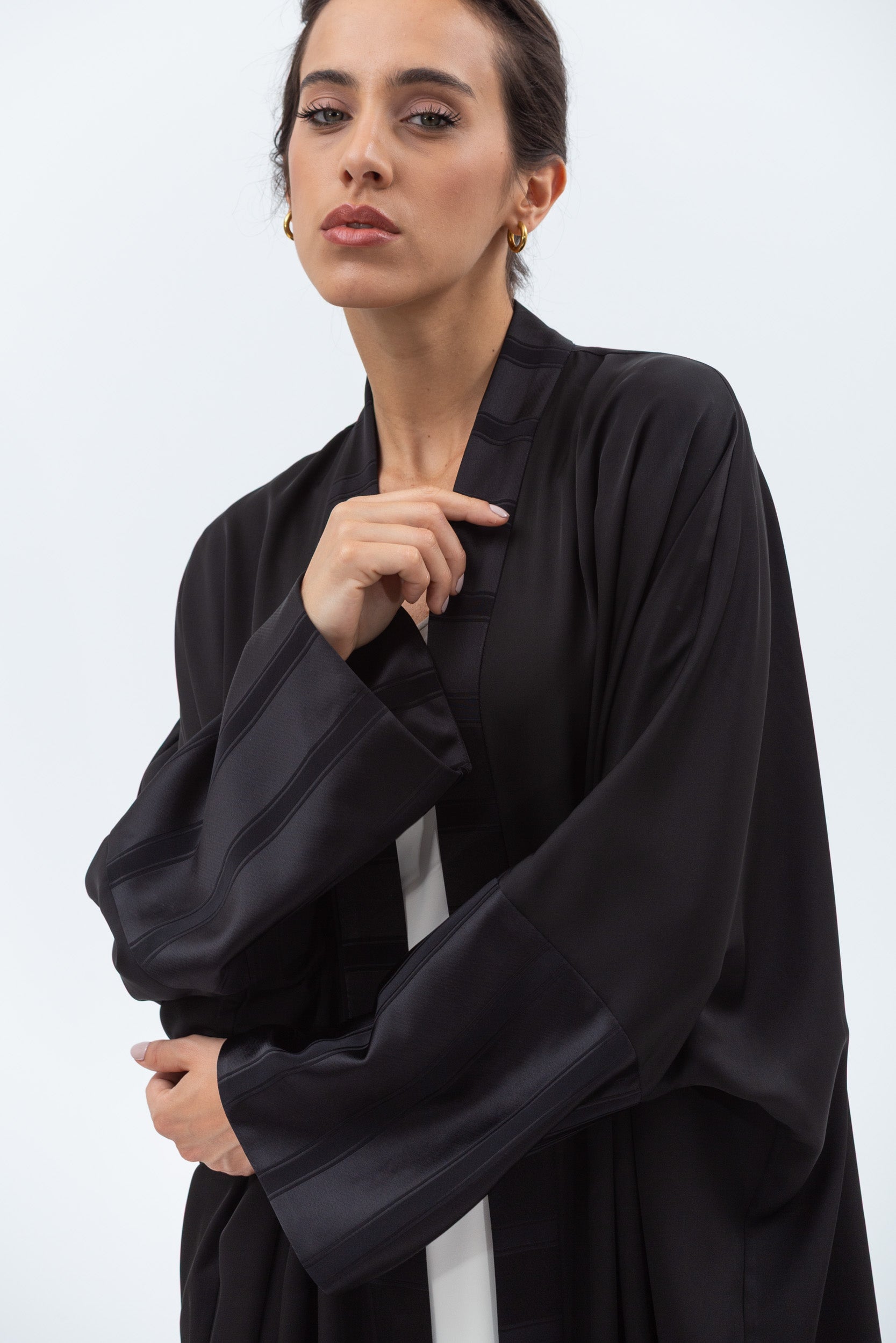 Loose cut Abaya in Black with Black Satin Detailing