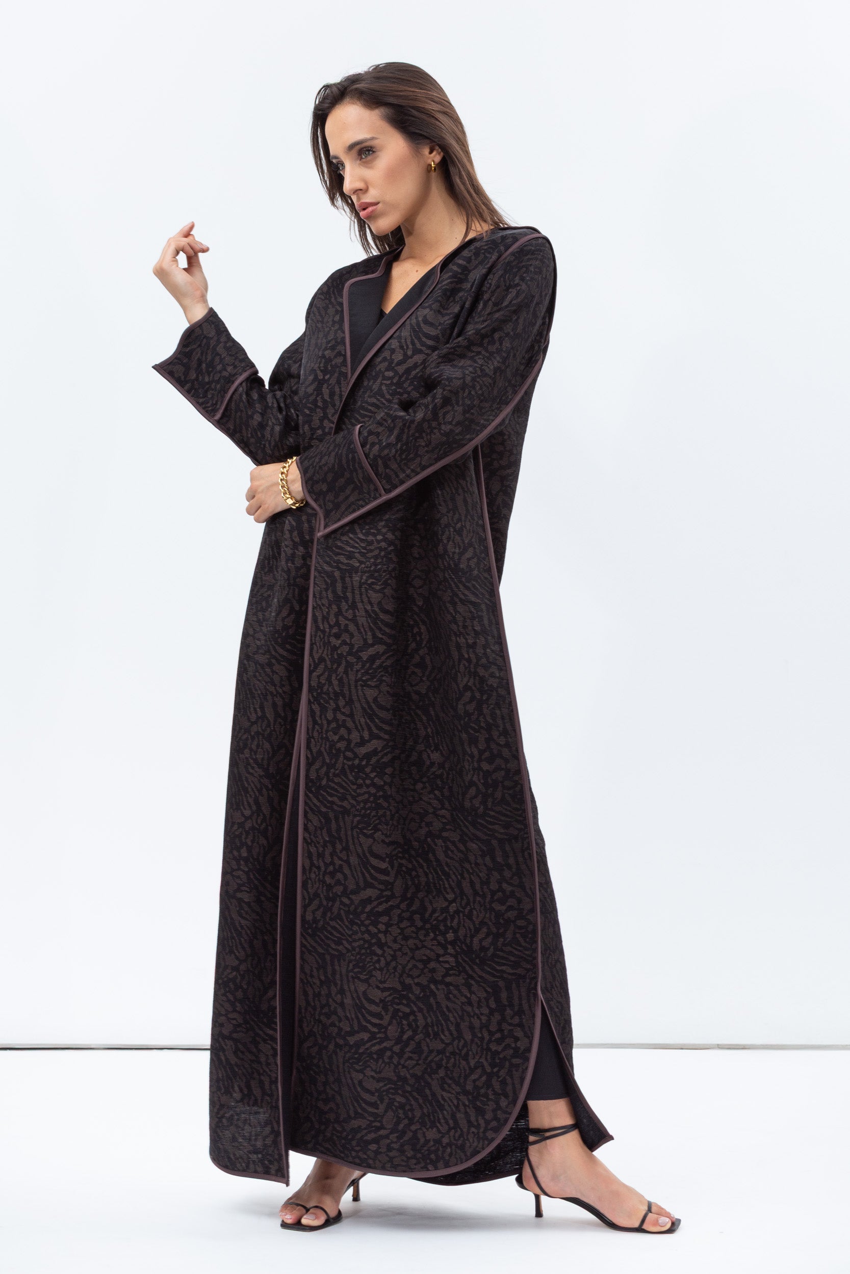 Structured Abaya in Black and Copper with Wave-line Neck