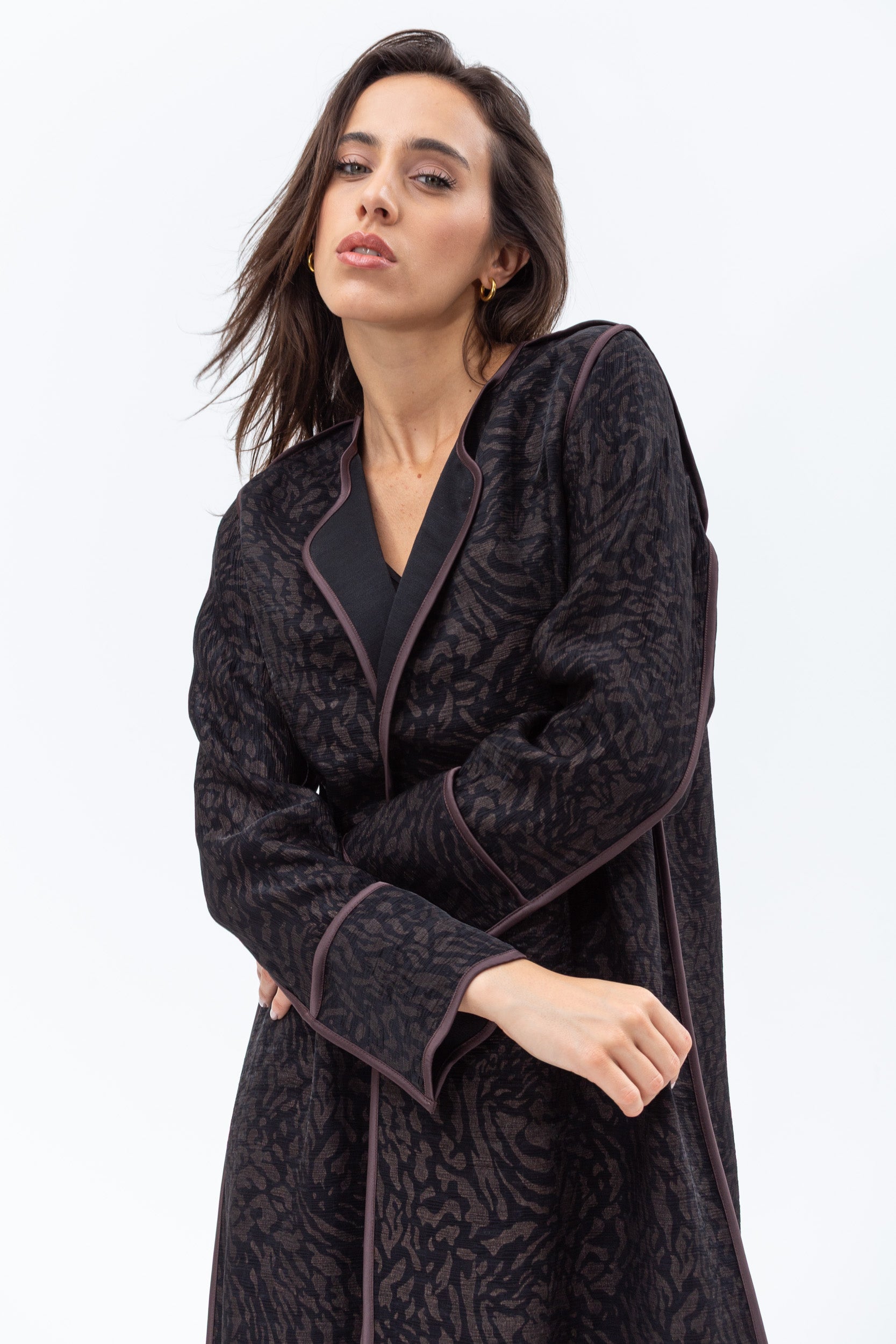 Structured Abaya in Black and Copper with Wave-line Neck