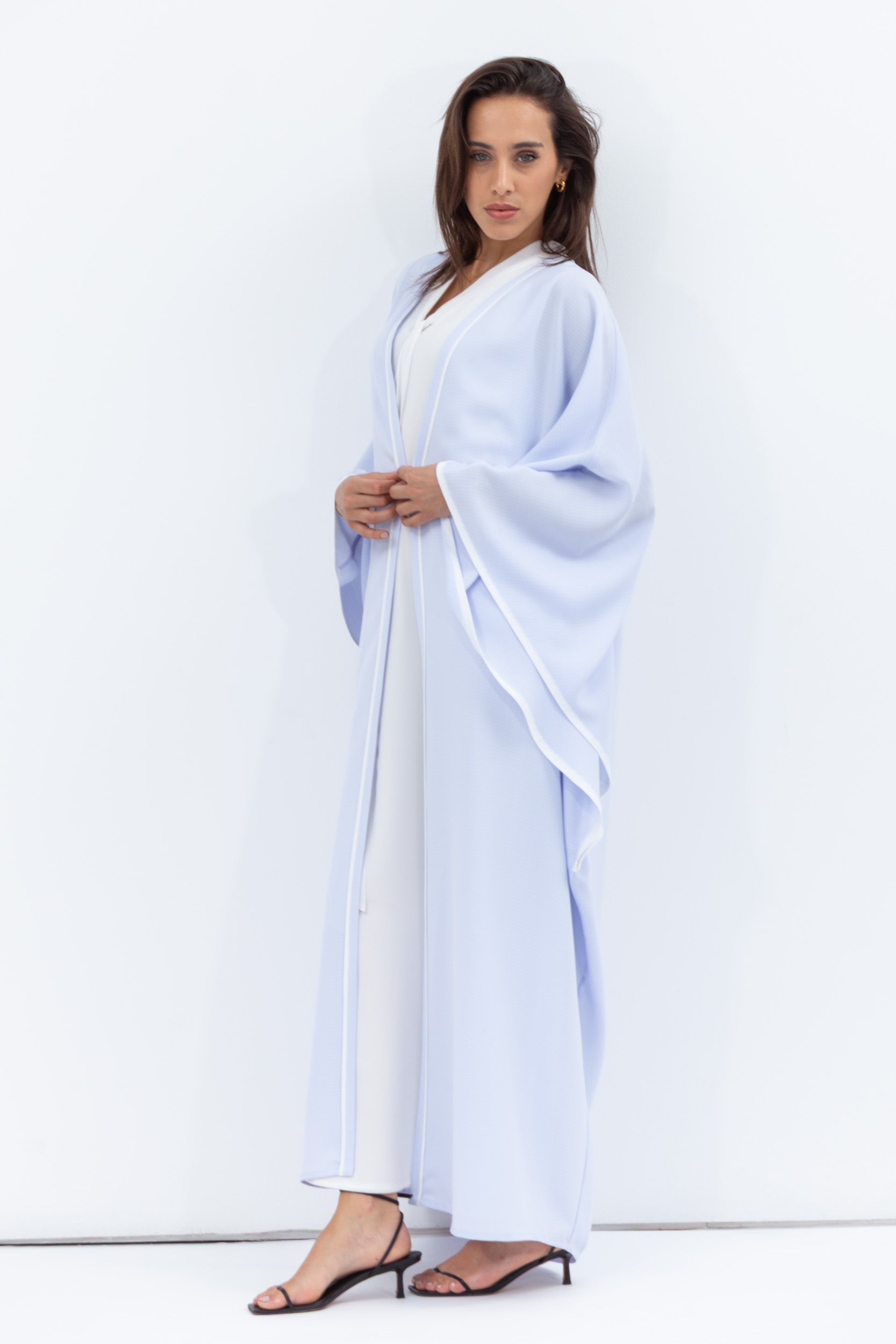 Flow Abaya in Light Blue with White Piping