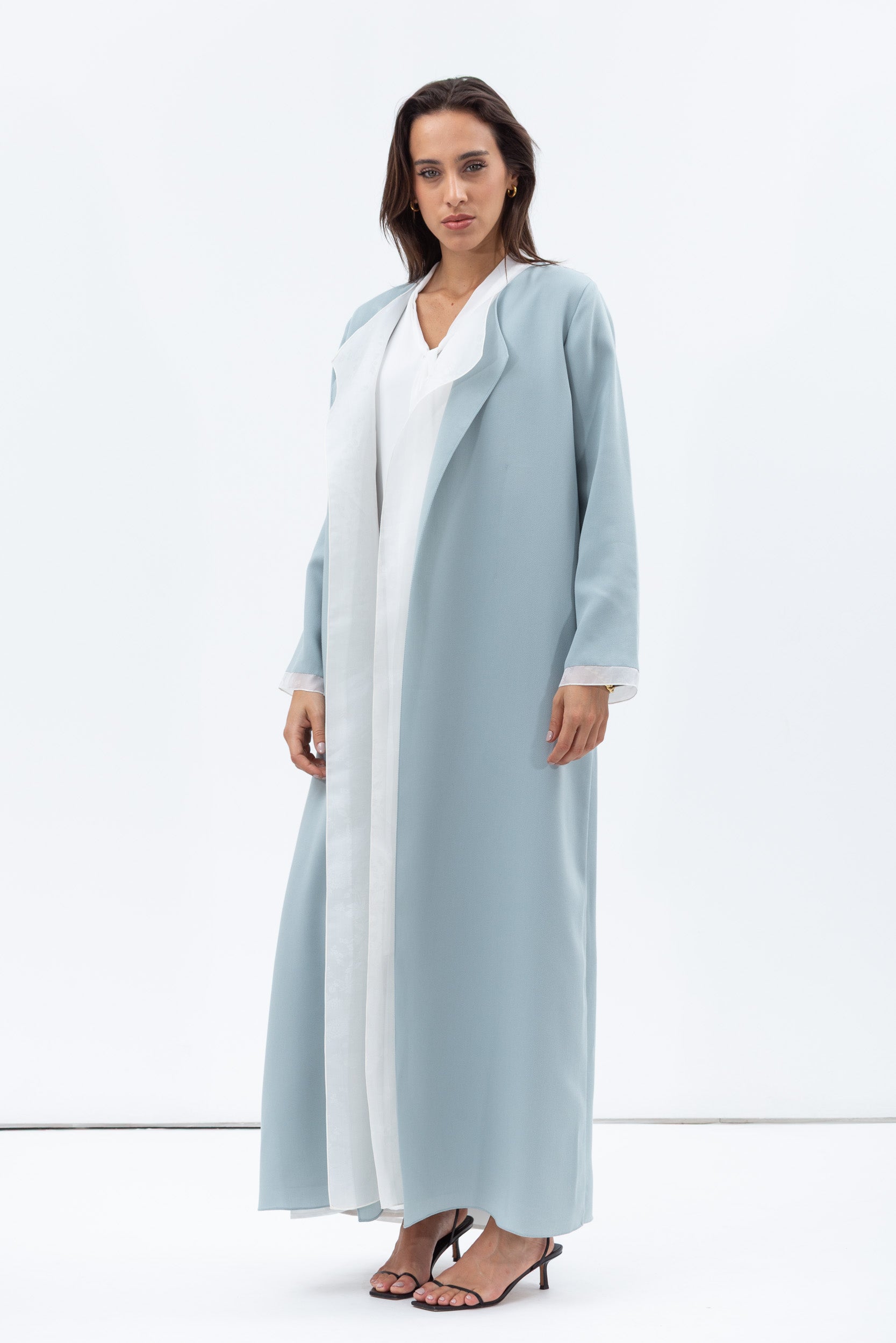 Tencel Twill Abaya in Light Blue with Silk Organza Details RTW