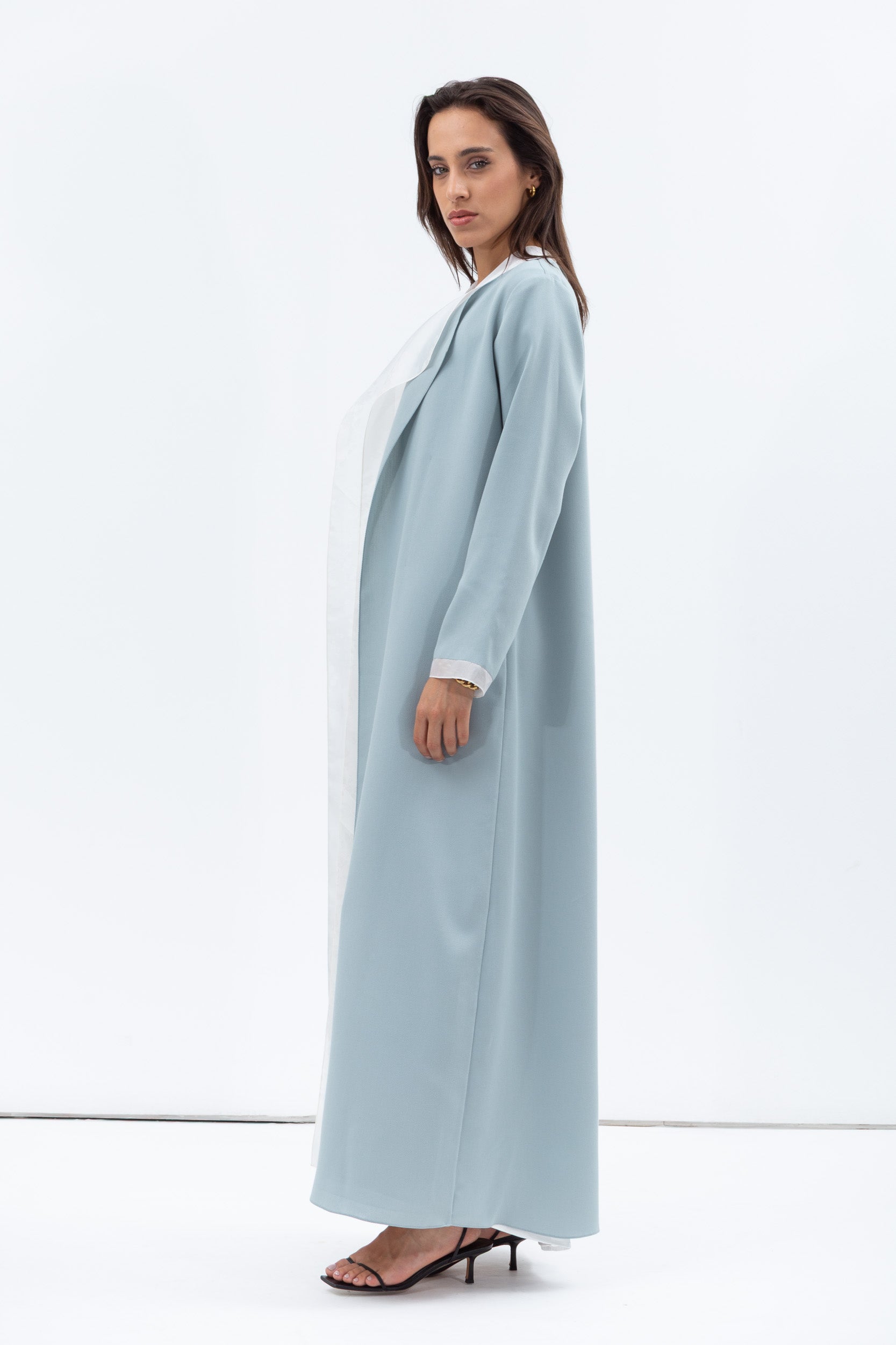 Tencel Twill Abaya in Light Blue with Silk Organza Details RTW