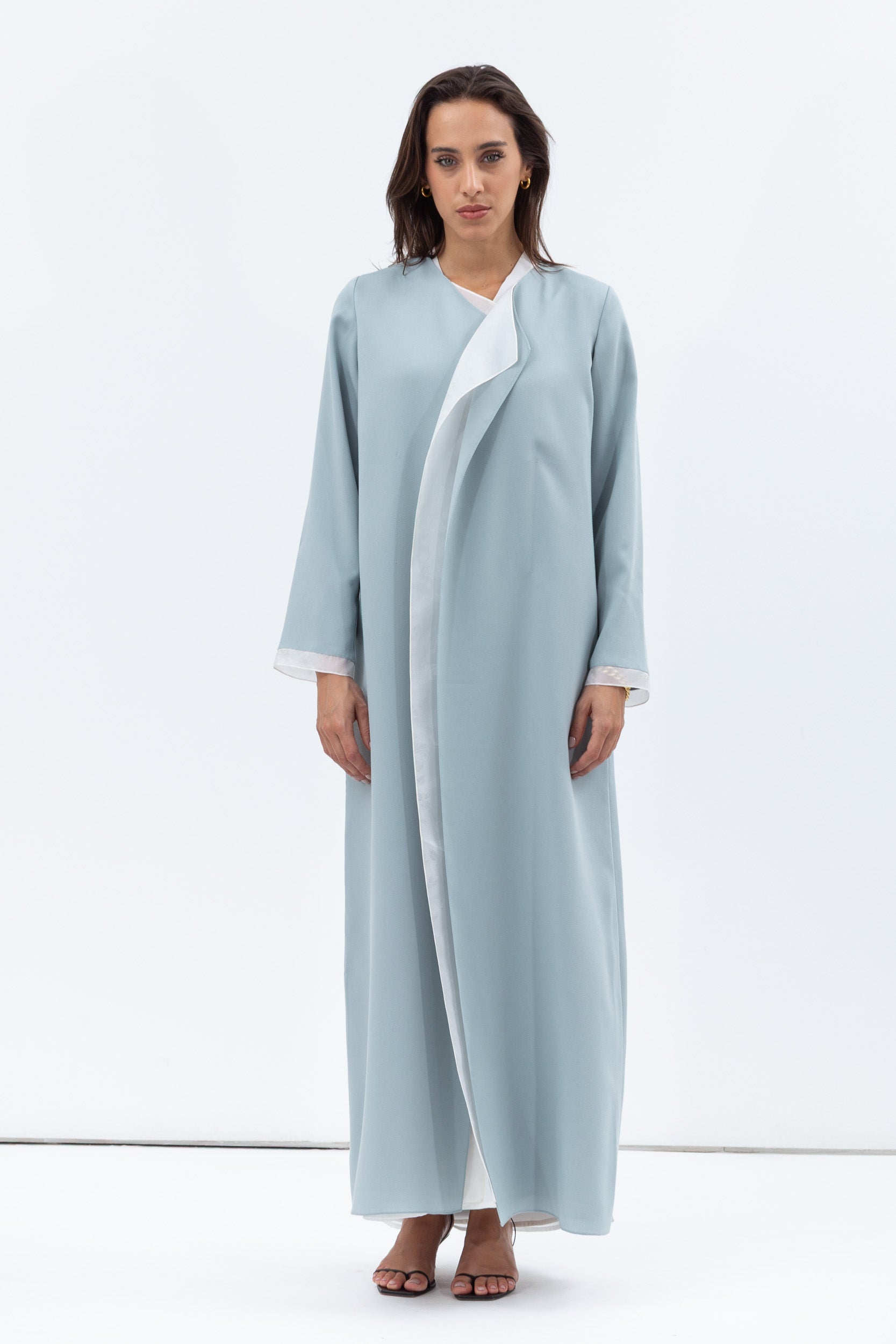 Tencel Twill Abaya in Light Blue with Silk Organza Details RTW