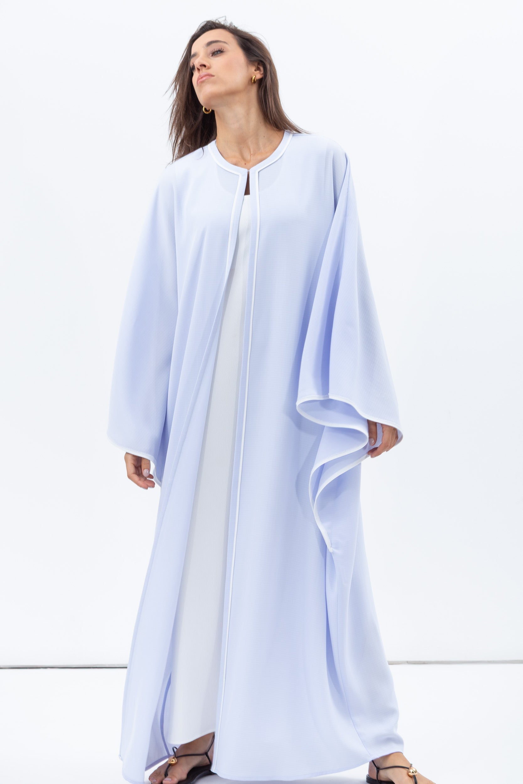 Flow Abaya in Light Blue with White Piping Round Neck