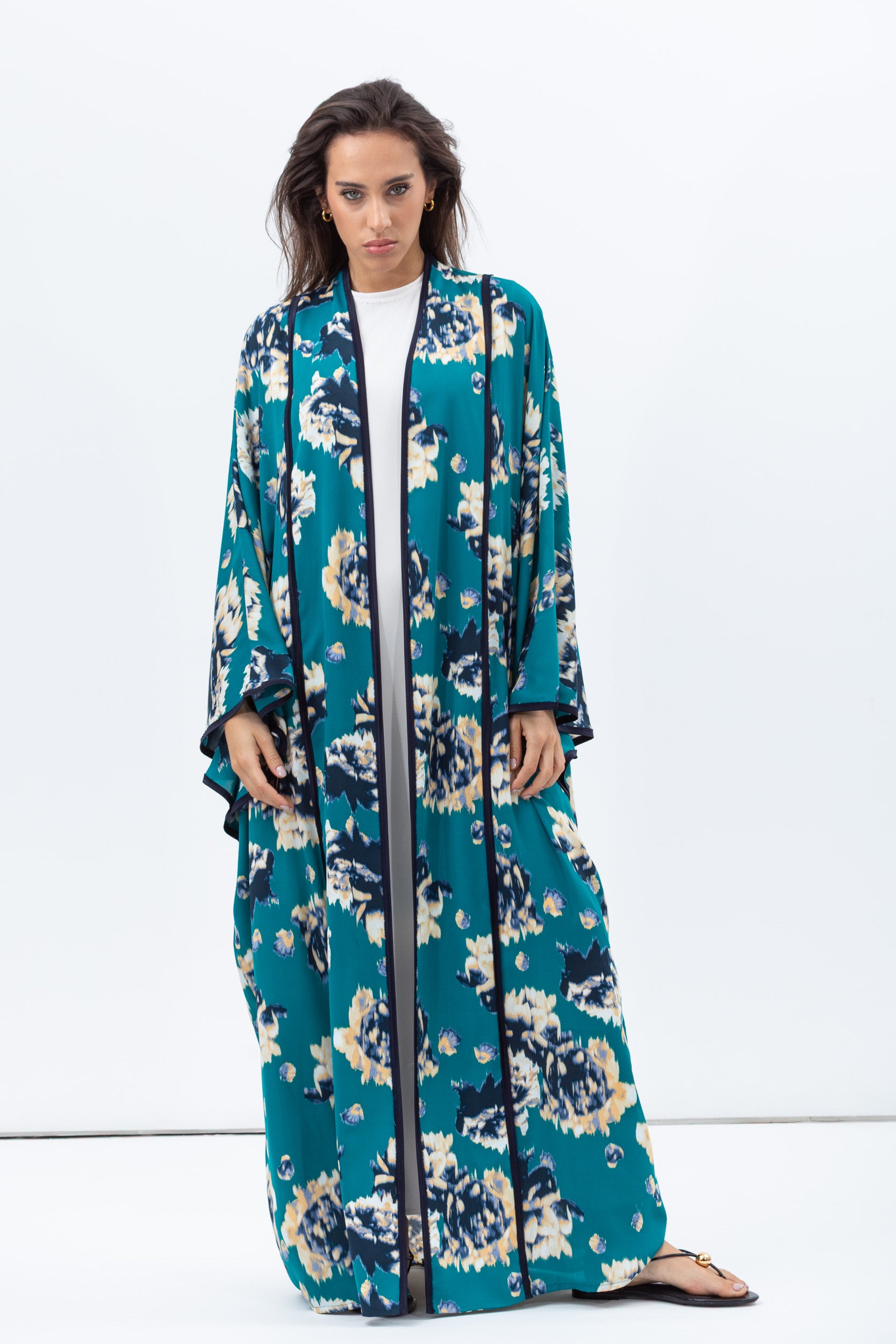 Flow Abaya in Teal with Abstract Floral Print RTW