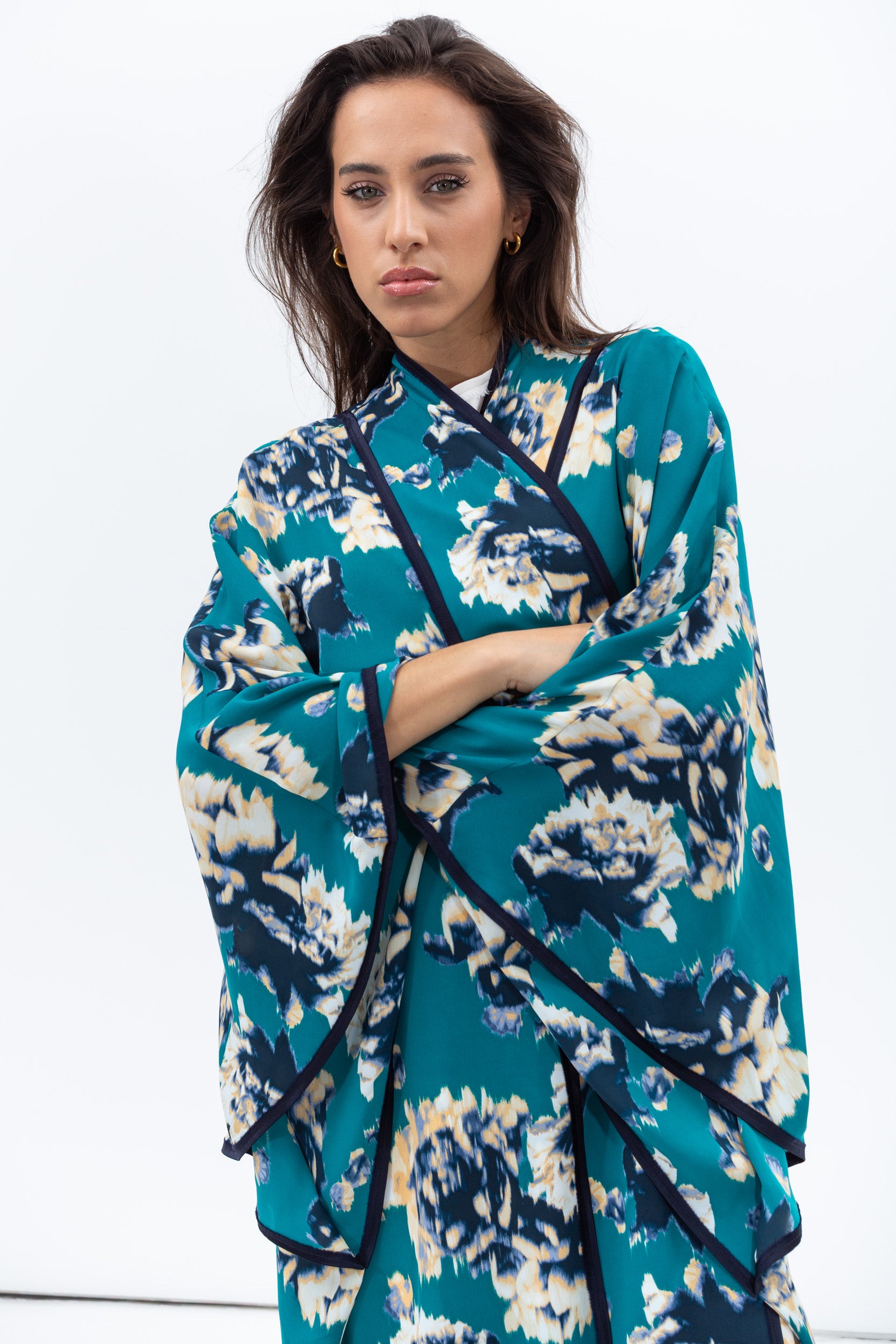 Flow Abaya in Teal with Abstract Floral Print RTW